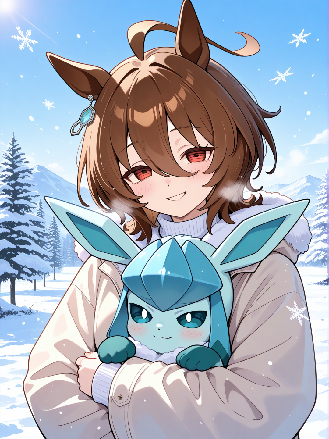 agnes tachyon (umamusume), glaceon, snowy, day, gathering together