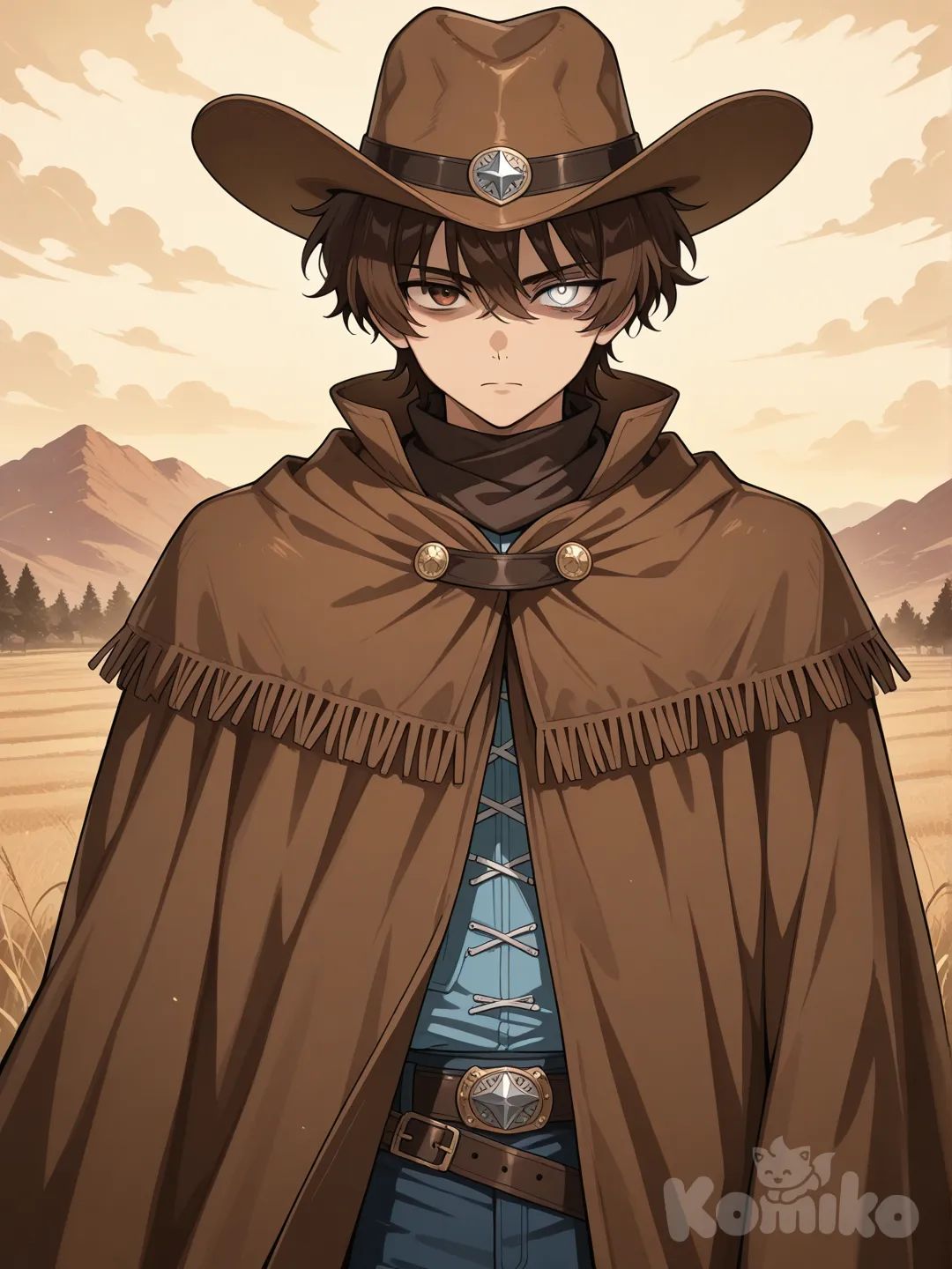 Faça um Cara sério com Chapéu de Cowboy e um Manto, olho esquerdo, branco, cego, com estilo de anime e com o cabelo castanho