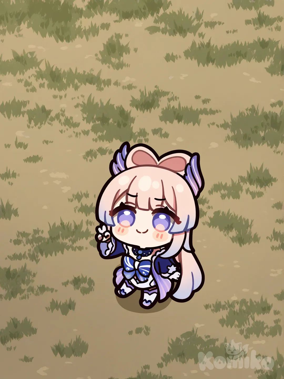 v sign, smirk, grassland, Sangonomiya Kokomi, [glossy-chibi-style], closeup, headshot