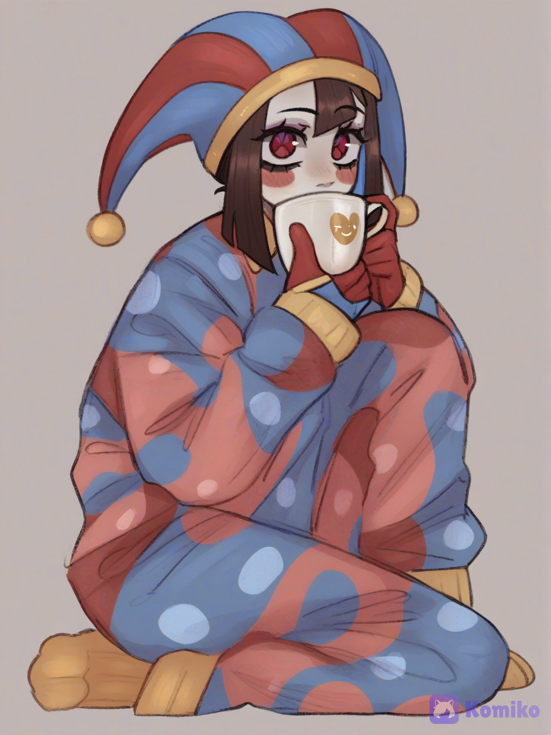 Pomni in pajamas. Sipping a cup