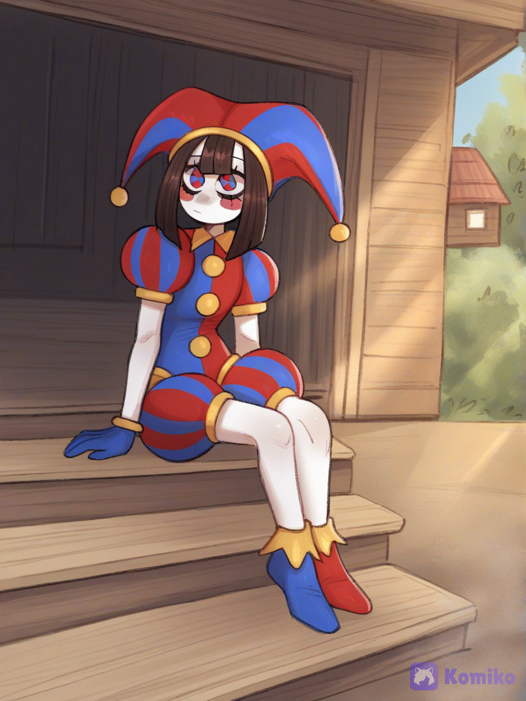 Pomni sitting on stairs