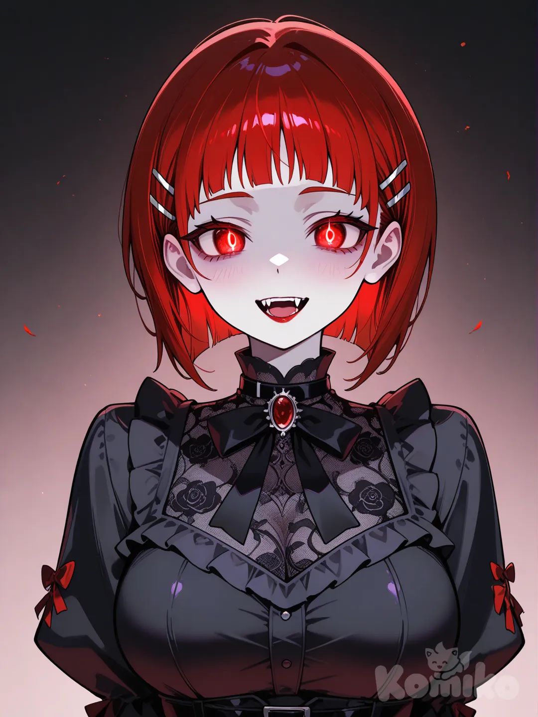 A vampire @Kirigaya_Suguha , with short red hair, glowing red eyes, pale skin, red lips, and a gothic drees