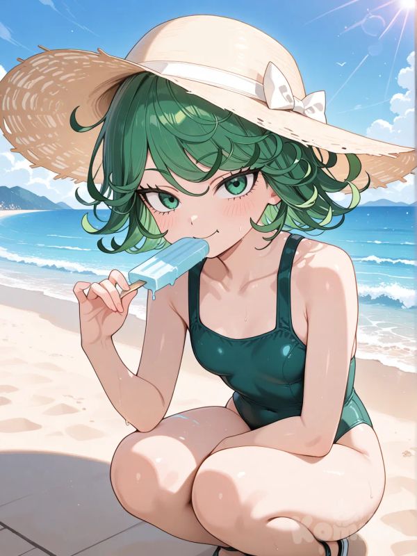 @Tatsumaki, green swimsuite, on the beach, eating an icecream, sun hat