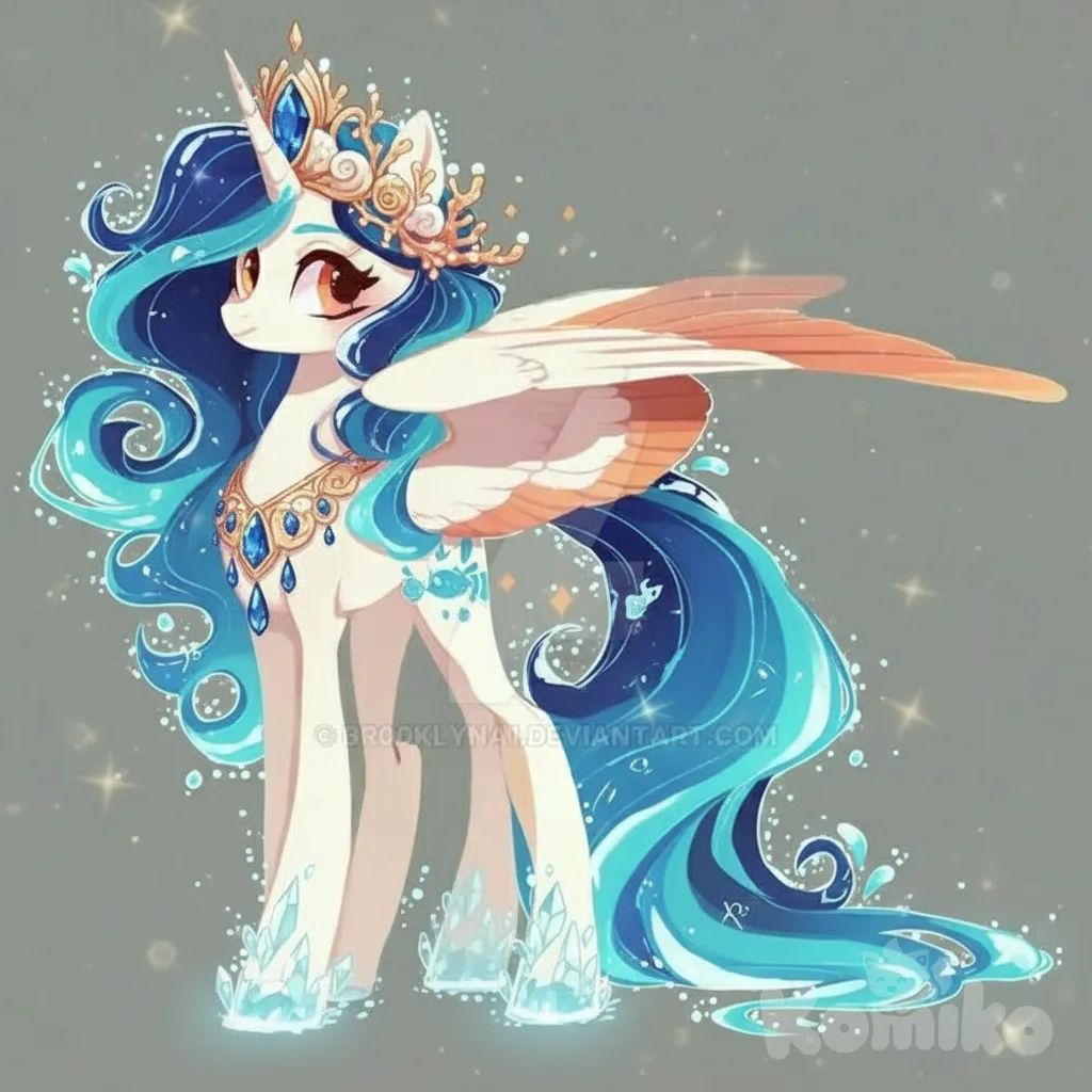 Flowing water hair and tail, ocean crown, golden eyes, clear hooves
