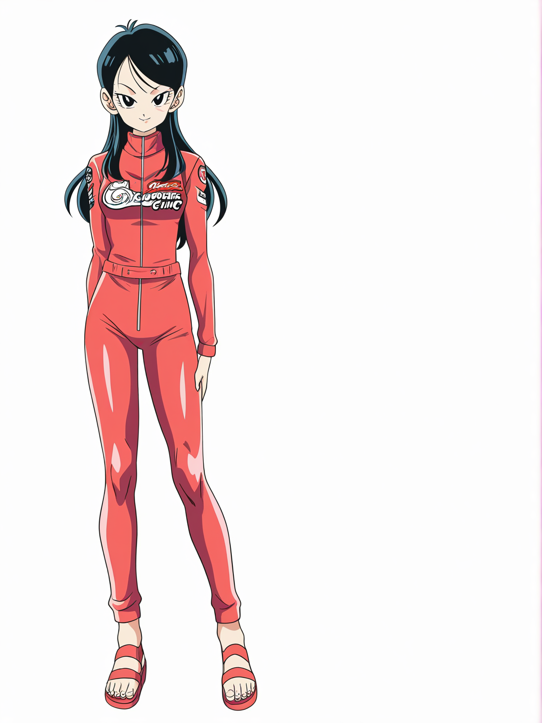 [bright-anime-style] 1girl, pan_(dragon_ball_gt), black_hair, black_eyes, red_racing_suit, red_heeled_sandals, dokkan_battle_artwork, single character, full body, looking at viewer, anime style, simple background, white background