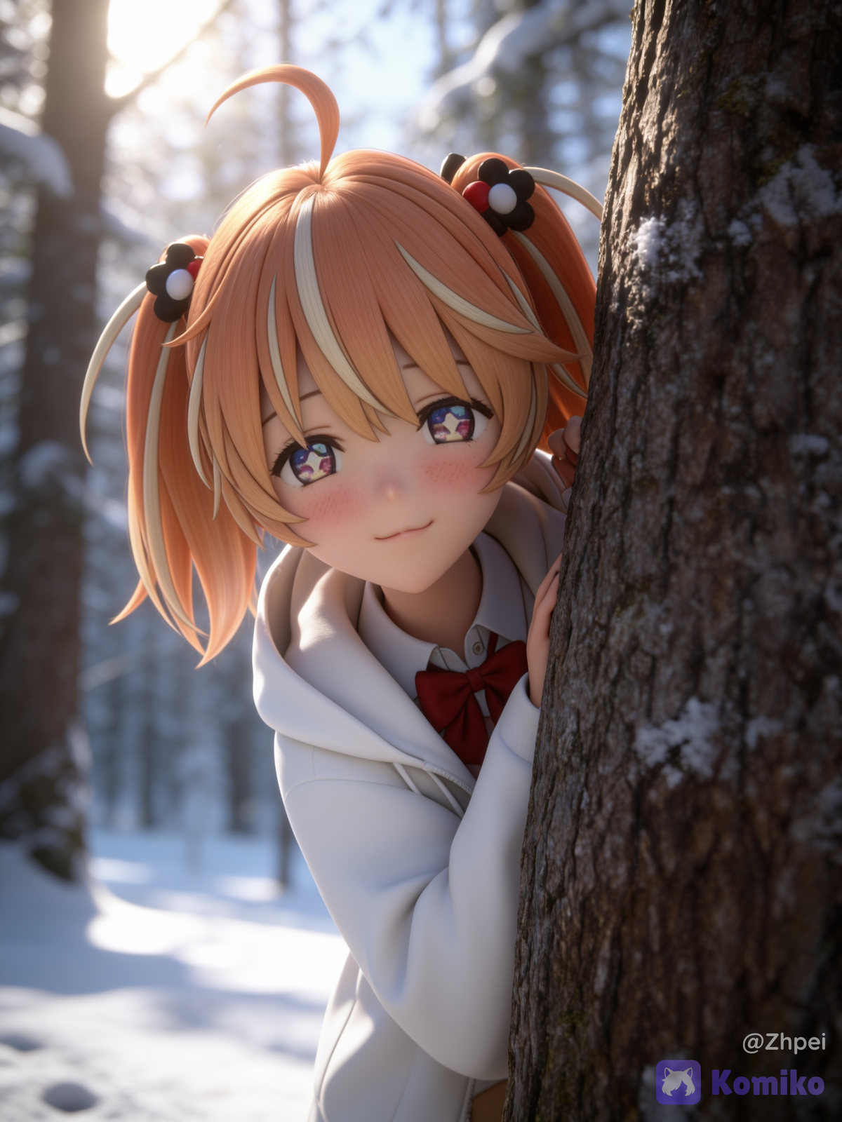Winter, behind tree