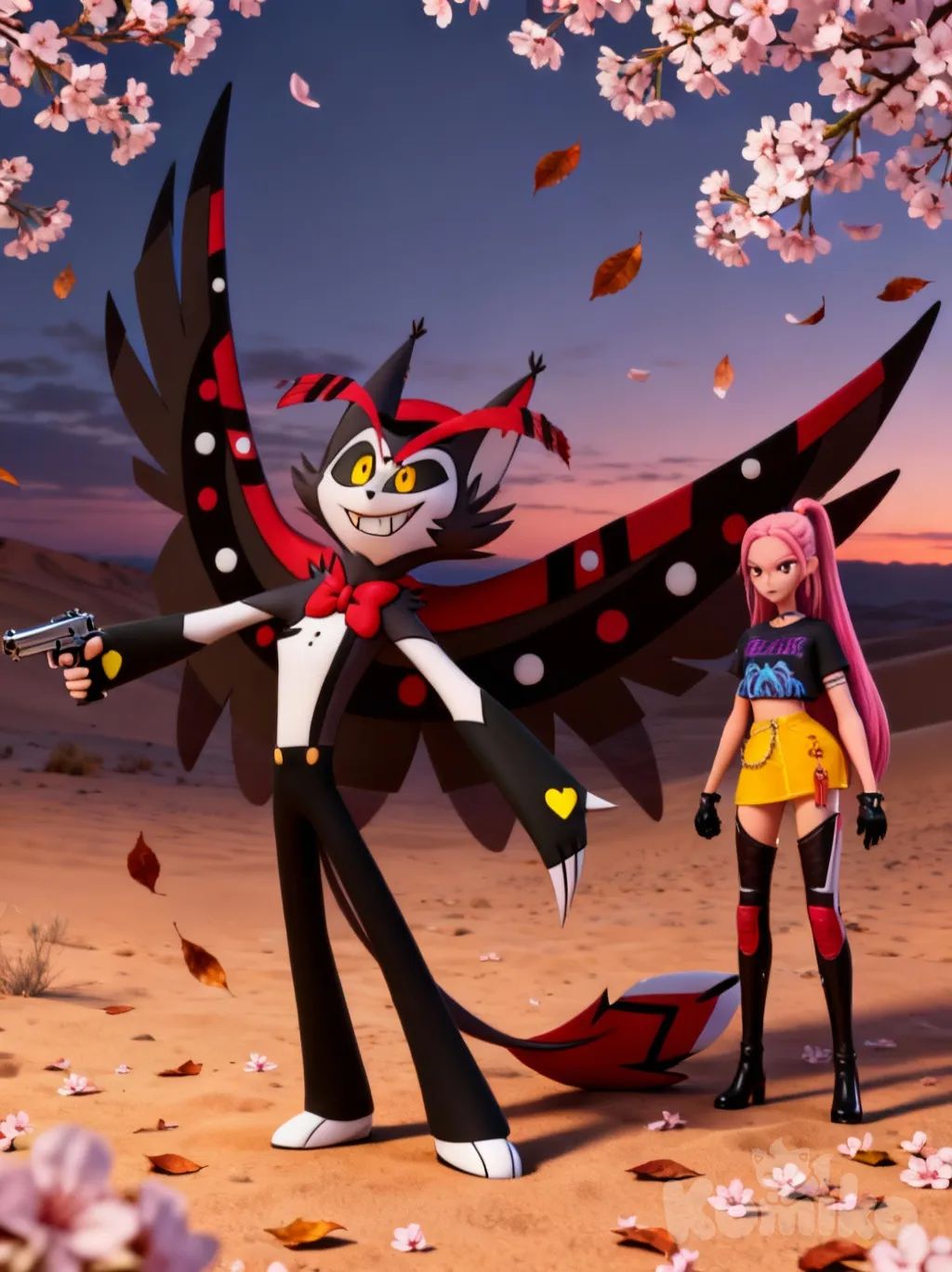 1boy, 1girl, 2people, full body, dusk, @Husk, holding gun, evil leaves falling, cherry blossoms, @Mira, [3d-anime-game-style], smirk, desert