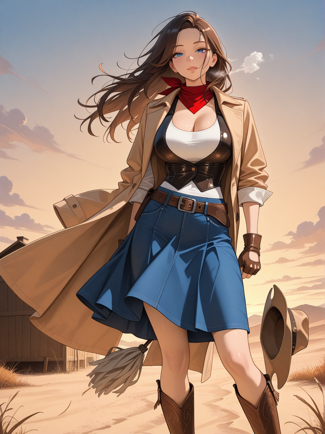  Cowgirl Aesthetic — Photo Prompt (English)A stylish cowgirl outfit with a bold Western vibe.She’s wearing a brown leather cowboy hat with slightly worn edges and a sand-colored duster coat flowing dramatically in the wind. Underneath, a black leather vest layered over a light cotton shirt with rolled-up sleeves. Around her neck — a narrow red bandana, tied in a small knot.For the lower half: dark blue fitted jeans with a leather belt and metal buckle, and tall western boots made of dark brown leather with subtle stitched patterns. She also wears fingerless leather gloves.Atmosphere: warm sunset lighting with orange and golden tones. The background is a dusty Wild West desert plain, scattered dry bushes, and an old wooden ranch barn in the distance. Light dust in the air adds a cinematic mood.The whole scene feels like a dramatic frame from a classic western movie — stylish, dynamic, and visually striking. Make the photo sexy and have the girl wear a skirt with a wide neckline. inematic, hyperrealistic, Ultra-8K