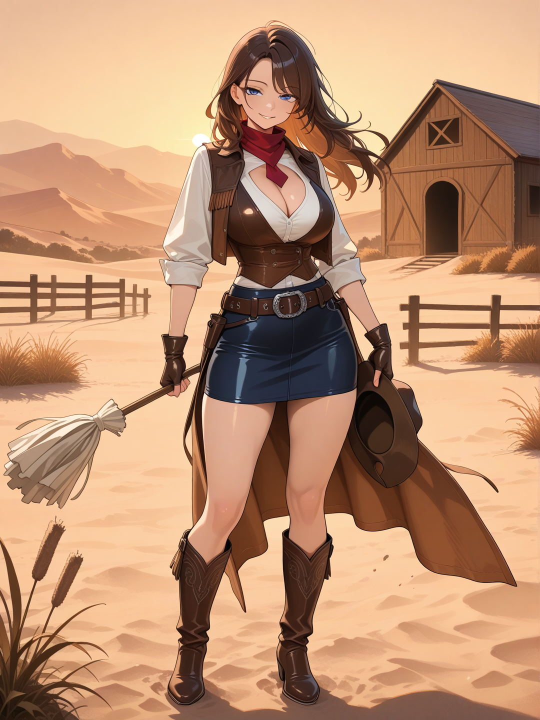  Cowgirl Aesthetic — Photo Prompt (English)A stylish cowgirl outfit with a bold Western vibe.She’s wearing a brown leather cowboy hat with slightly worn edges and a sand-colored duster coat flowing dramatically in the wind. Underneath, a black leather vest layered over a light cotton shirt with rolled-up sleeves. Around her neck — a narrow red bandana, tied in a small knot.For the lower half: dark blue fitted jeans with a leather belt and metal buckle, and tall western boots made of dark brown leather with subtle stitched patterns. She also wears fingerless leather gloves.Atmosphere: warm sunset lighting with orange and golden tones. The background is a dusty Wild West desert plain, scattered dry bushes, and an old wooden ranch barn in the distance. Light dust in the air adds a cinematic mood.The whole scene feels like a dramatic frame from a classic western movie — stylish, dynamic, and visually striking. Make the photo sexy and have the girl wear a skirt with a wide neckline. inematic, hyperrealistic, Ultra-8K