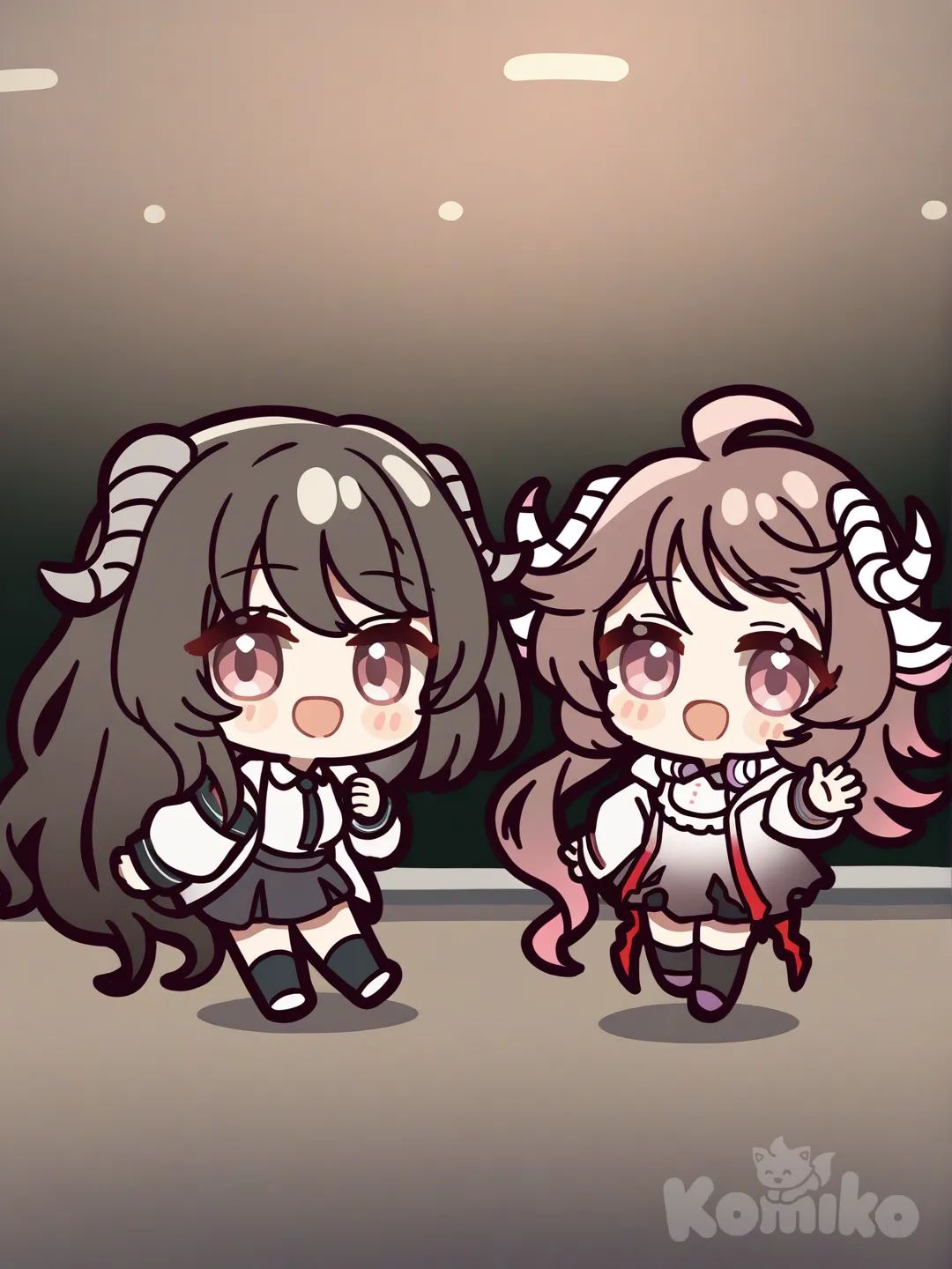 18+, @Eyjafjalla_(Arknights), [glossy-chibi-style], waving, smile, 2people, school uniform, full body, cinematic lighting, classroom