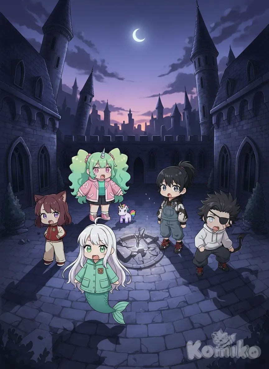 <lolly-splishle-d5kD>, <mia-flinty-i51Q>, <twinky-rainstop-aKaJ>, <zero-TBI2>, <ekir-HOWm>, chibi, shocked, from above, twilight, castle