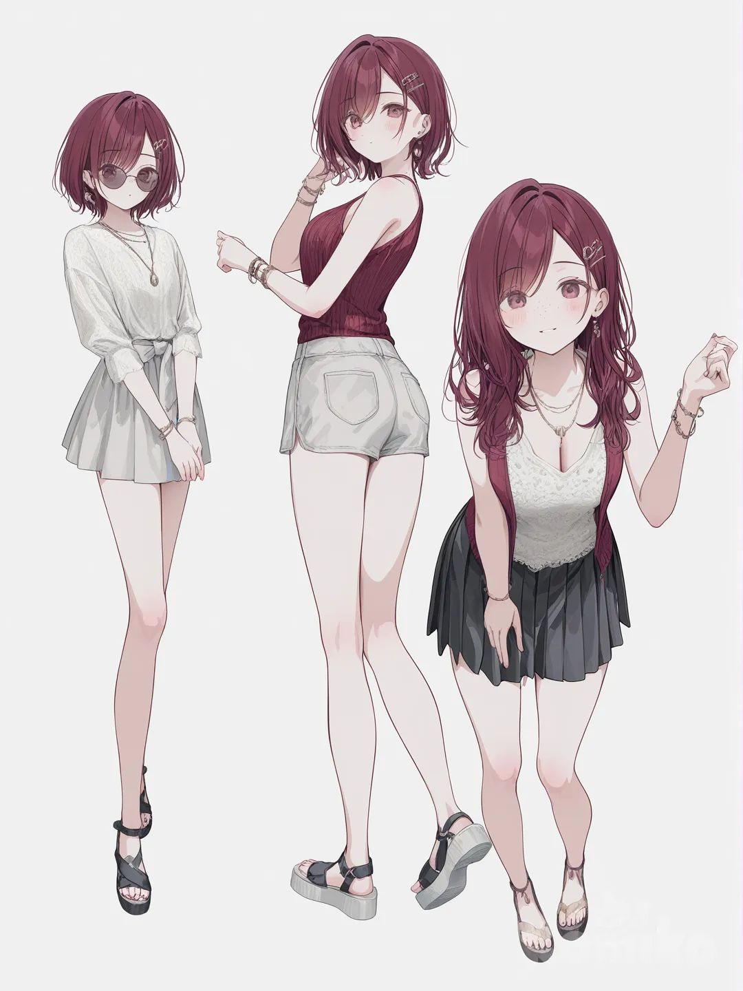 [soft-pastel-style] 1girl, one_piece, mature_female, curvy, short_stature, maroon_hair, side_parted_hair, short_hair, brown_eyes, dimples, freckles, fair_skin, pleated_skirt, beach_shorts, knitted_vest, bohemian_shirt, studs, tassels, ruffles, lace, plastic, sunglasses, headphones, bracelet, earrings, necklace, bow, hairpin, hair_accessory, single character, full body, looking at viewer, anime style, simple background, white background