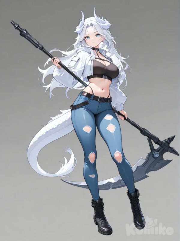 Crossbreed Priscilla dressed as an urban fantasy character, dragon girl, hold scythe, blue jeans, cropped jacket, full body, white horns