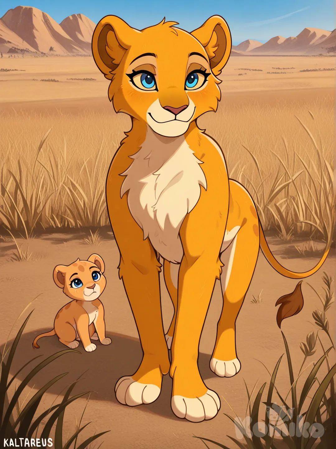 Criar minha oc par a ttiologia de filmes rei leao,kalya uma leoa filhote filha de simba d nala ,possue pelos amarelos olhos azuis ,no meio da savana ,rei leao disbey
