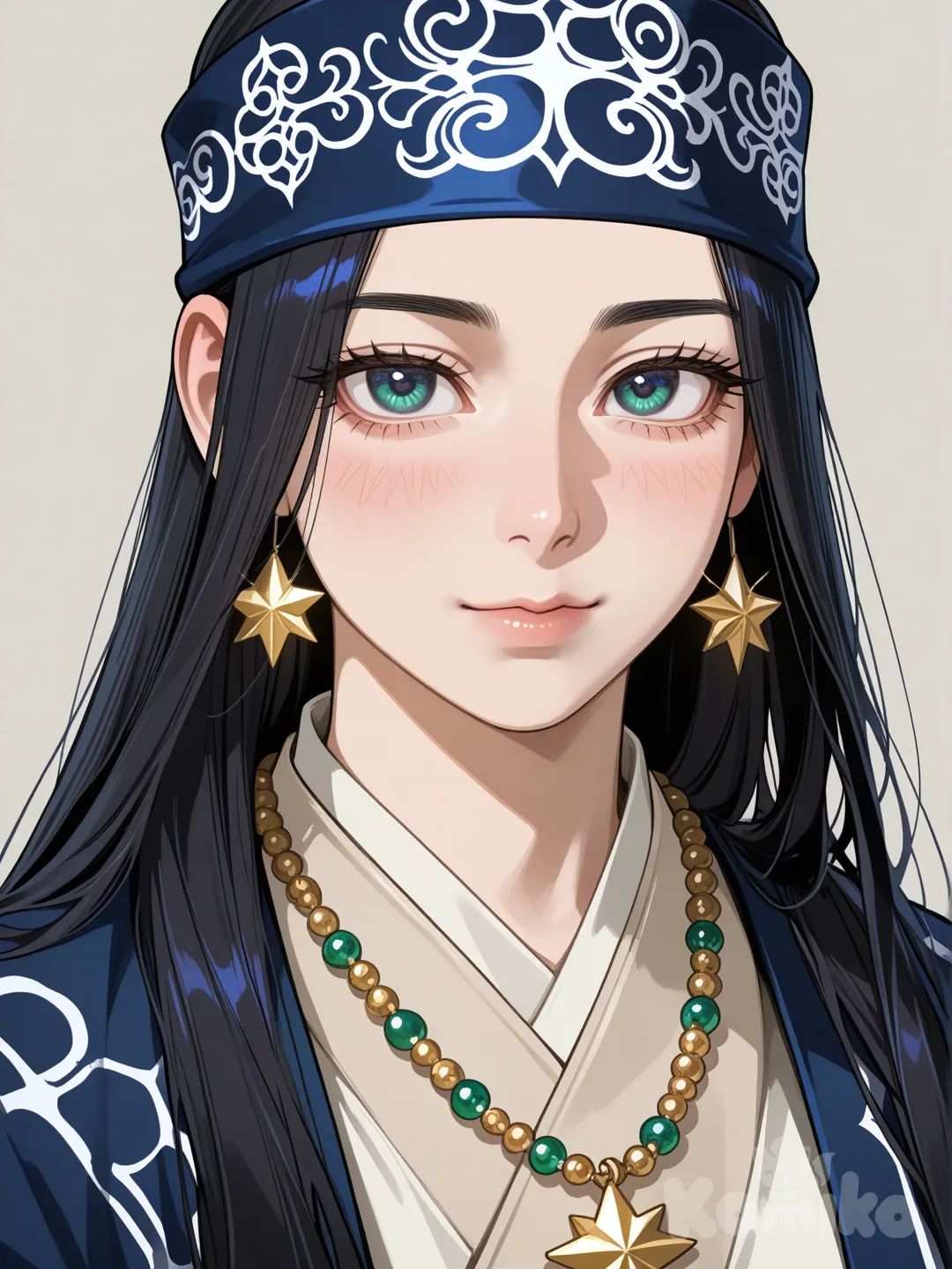 Minha oc para ou pouco conhecido anie Golden kamuy ,ela se chama será mulher bonita Ainu 24 anos corpo bonito atrativo , cabelos pretos lisos longos ,olho esverdeado com tom de azul, pele clara usa roupas ainu de cor marrom claro calsa,usa uma bota feita de pele de animais o,no pescolo um colar de fibra de madeira banhado em ouro ,pidurando uma estrela de cinco pontos com uma ponta extra entre as duas de baixo ,no meio da estrela o formado de corredores ,a estrela e feita de madeira azul talhada,close up no rosto o no pescoso ,fiel a golden kamuy