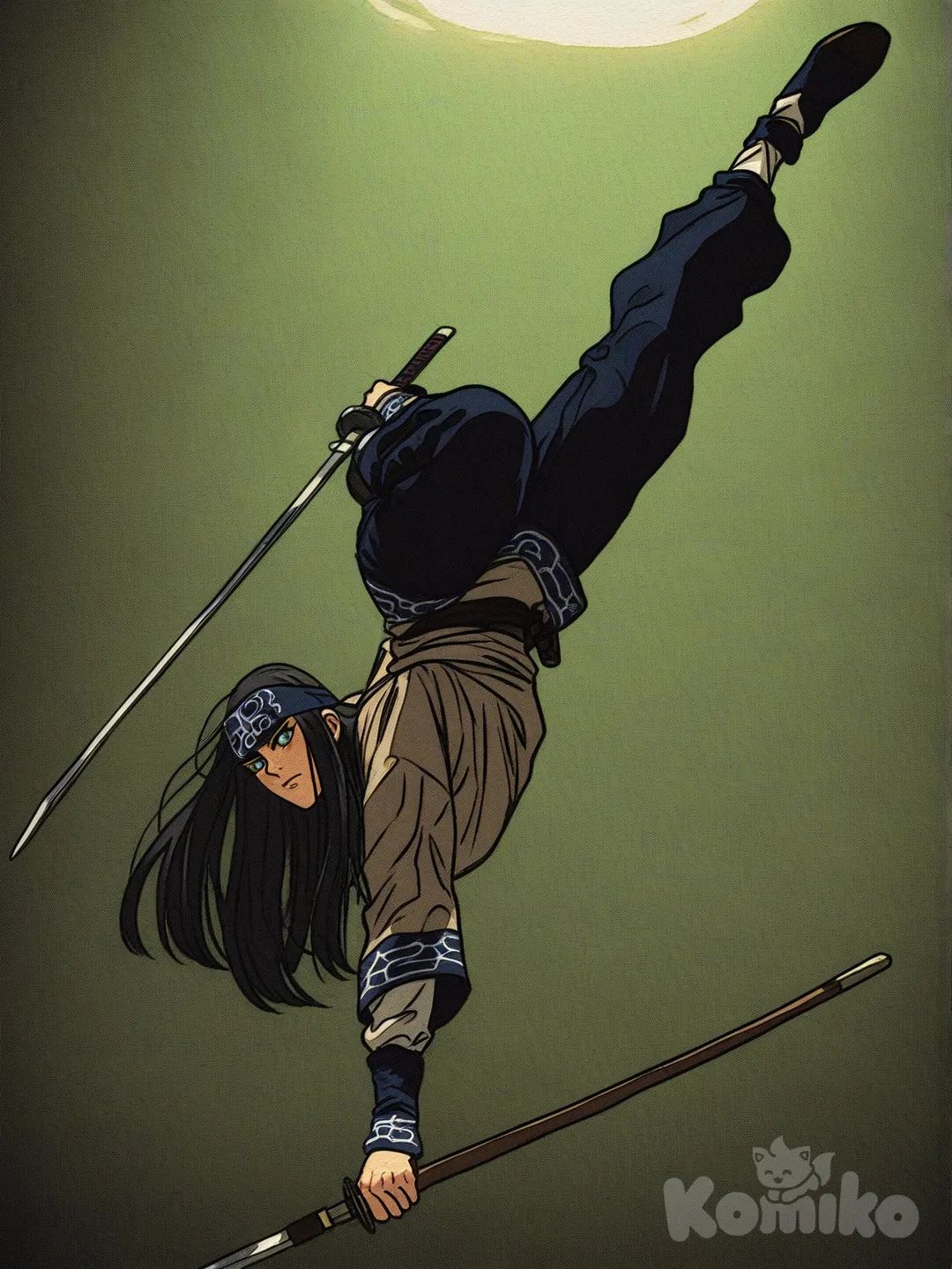 [action-manga-style]Minha oc para ou pouco conhecido anie Golden kamuy ,ela se chama será mulher bonita Ainu 24 anos corpo bonito, cabelos pretos lisos longos ,olho esverdeado com tom de azul, pele clara usa roupas ainu de cor marrom claro calsa,usa arco e flecha , ela tem uma expresao seria no rosto ela faz ema acrobacio um mortal para tras para desviar de um golpe de katana