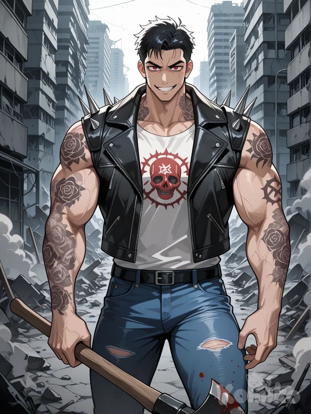 score_9, score_8_up, score_7_up,source_anime,BREAK, single character, anime style, Man, muscular, leather jacket with spikes on the shoulders, tattooed arms, Standing, smiling, a psychopath's smile, jeans, white patterned shirt, Short black hair, red eyes, Post-apocalyptic zombie scenario, everything destroyed, more muscle, With an axe in his hand, the axe has blood on it