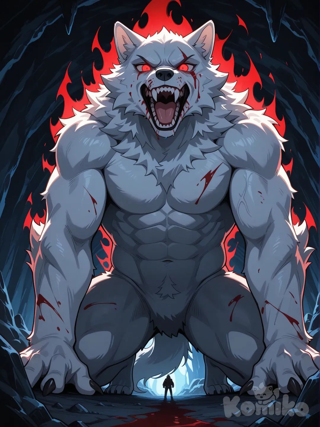 Anime style, giant white wolf, furious, glowing red eyes, terrifying aura, blood on its snout, inside a cave.