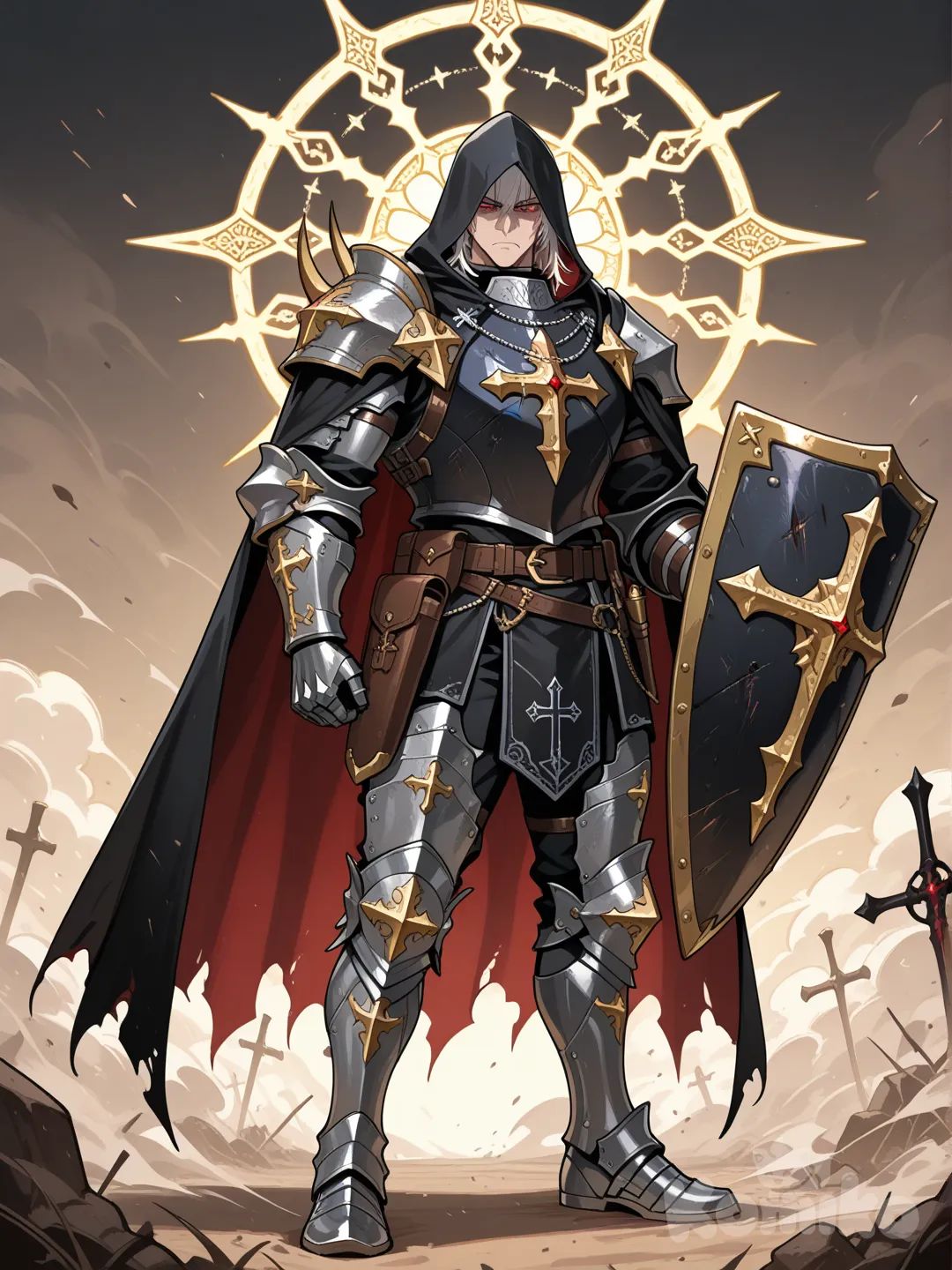 Tall, strong man, with defined features, medium white hair, and red eyes, Dark fantasy demon hunter armor, matte black metal plates with engraved holy runes, hooded cloak integrated into the armor, deep black fabric with subtle embroidered sigils, reinforced chest plate with a soft glowing golden cross at the center, multiple hanging relics, rosaries and silver crosses attached to belts and straps, leather pouches and ammunition holsters, asymmetrical armor design, armored gauntlets and greaves, worn battle damage, scratches and dust, Great shield of light