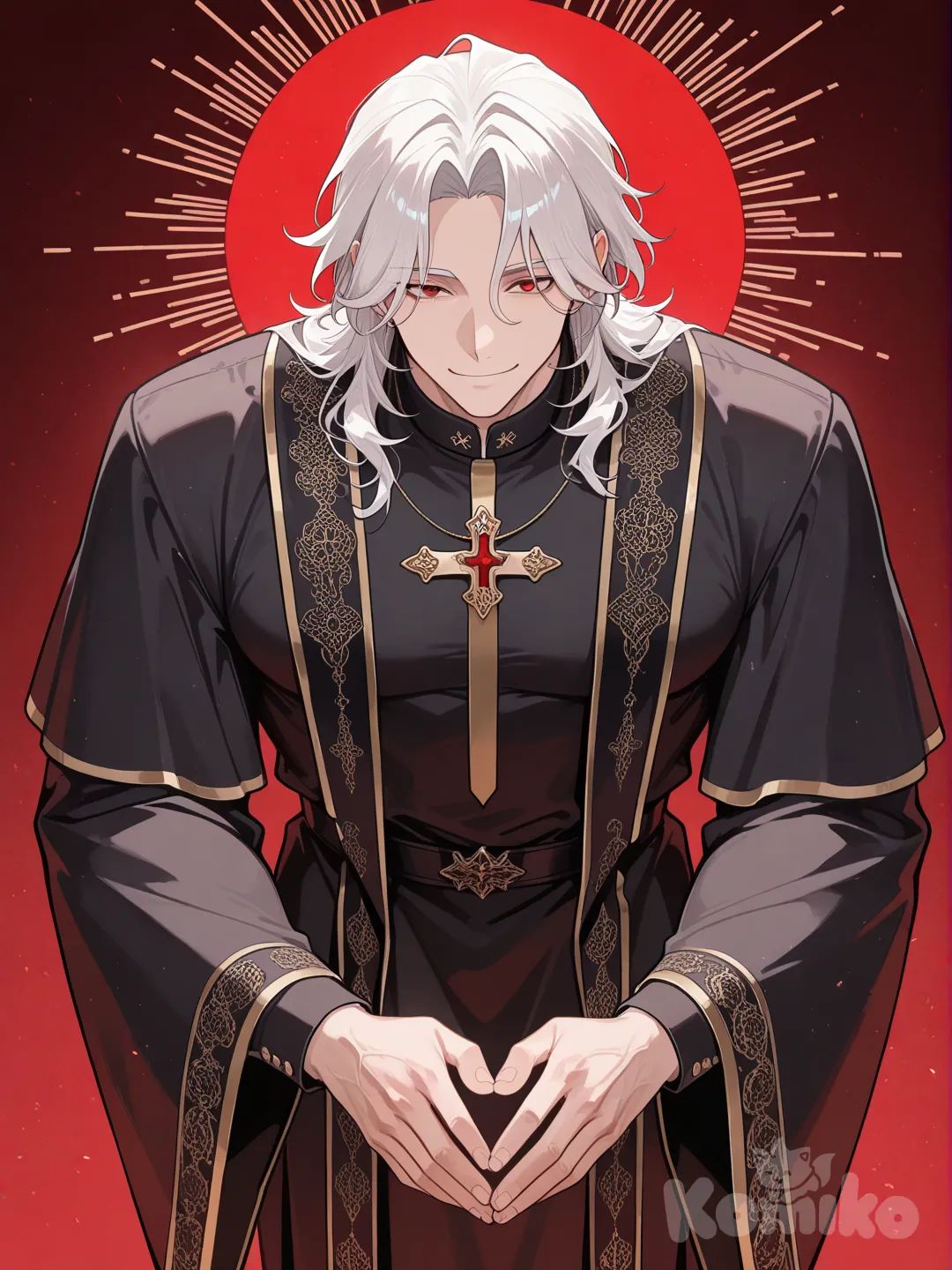 Tall, strong man, with defined features, medium white hair, and red eyes, Priest's vestments, black robe, Smiling, Bowing