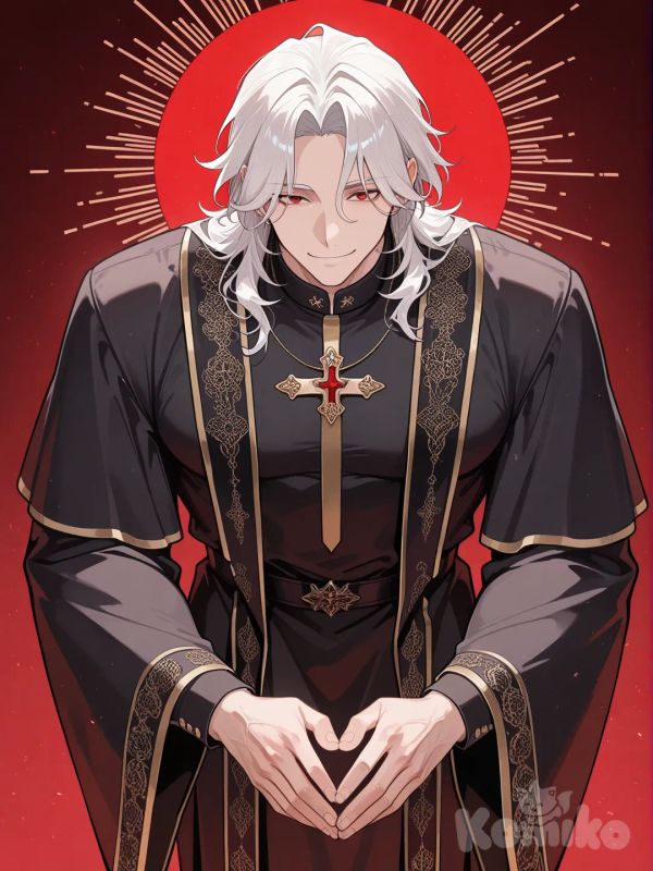 Tall, strong man, with defined features, medium white hair, and red eyes, Priest's vestments, black robe, Smiling, Bowing