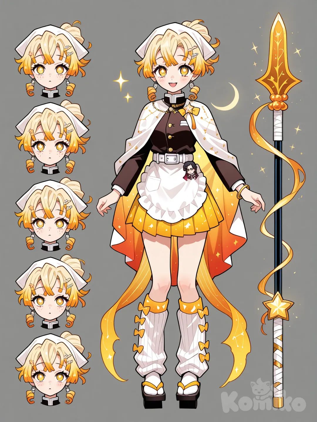 1girl, Demon Slayer style, original character in the world of Demon Slayer, teenager,age 18 years old, slim, short, caramel hair,Yellow hair, Messy bangs,Messy hair, curl, medium hair, frizzy hair,Yellow eyes,Sparkle eyes, Glowing eyes, fair skin, apron, knee-high socks, bracelet,Star necklace, Leg warmers,Geta,Star hair clip, headscarf, earrings, necklace, choker, Braid crown,Cape/Shawl, cream colored hair,Short curly ponytail.Base Style:Comet Trail Half-Capeasymmetrical shape, one side longer like a comet tailMixed With:Meteor Veil Cape-Shawlshawl-like front drape, long flowing cape tail in the backsparkly, celestial, soft movementFinal Result:A shawl-cape hybrid with flowing comet-like tails, yellow/white gradient, sparkles, and a celestial star motif.⭐ Leg WarmersStyle:Starlight Puff Warmersbig, fluffy, cozywhite with soft yellow star patches and shimmering sparkles⭐ GetaStyle:Star Bow Getawhite geta with gold star frecklessoft yellow bows on the strapstiny gold star charm at the bow center⭐ Demon Slayer UniformStyle:Constellation Skirt Uniformstandard dark top with faint constellation stitching on the shoulderspleated or A-line skirt with gold constellation embroidery on the hemstar-shaped collar clasp and a small belt charm⭐ Hair DesignCombined Styles:2. Meteor Crown BraidCrown braid circling the headTiny stars woven inRest of the hair flows in soft, galaxy-like curlsFinal Result:A celestial half-up hair design with a braided “meteor crown” and flowing galaxy curls.⭐ WeaponStyle:Starfall Spearsharp star-shaped spearheadengraved constellation lines along the polecrescent moon end-capoptional ribbon flowing like a comet tail___________ Character Sheet for Hoshi Tsuki full body, Multiple Expressions, Weapons