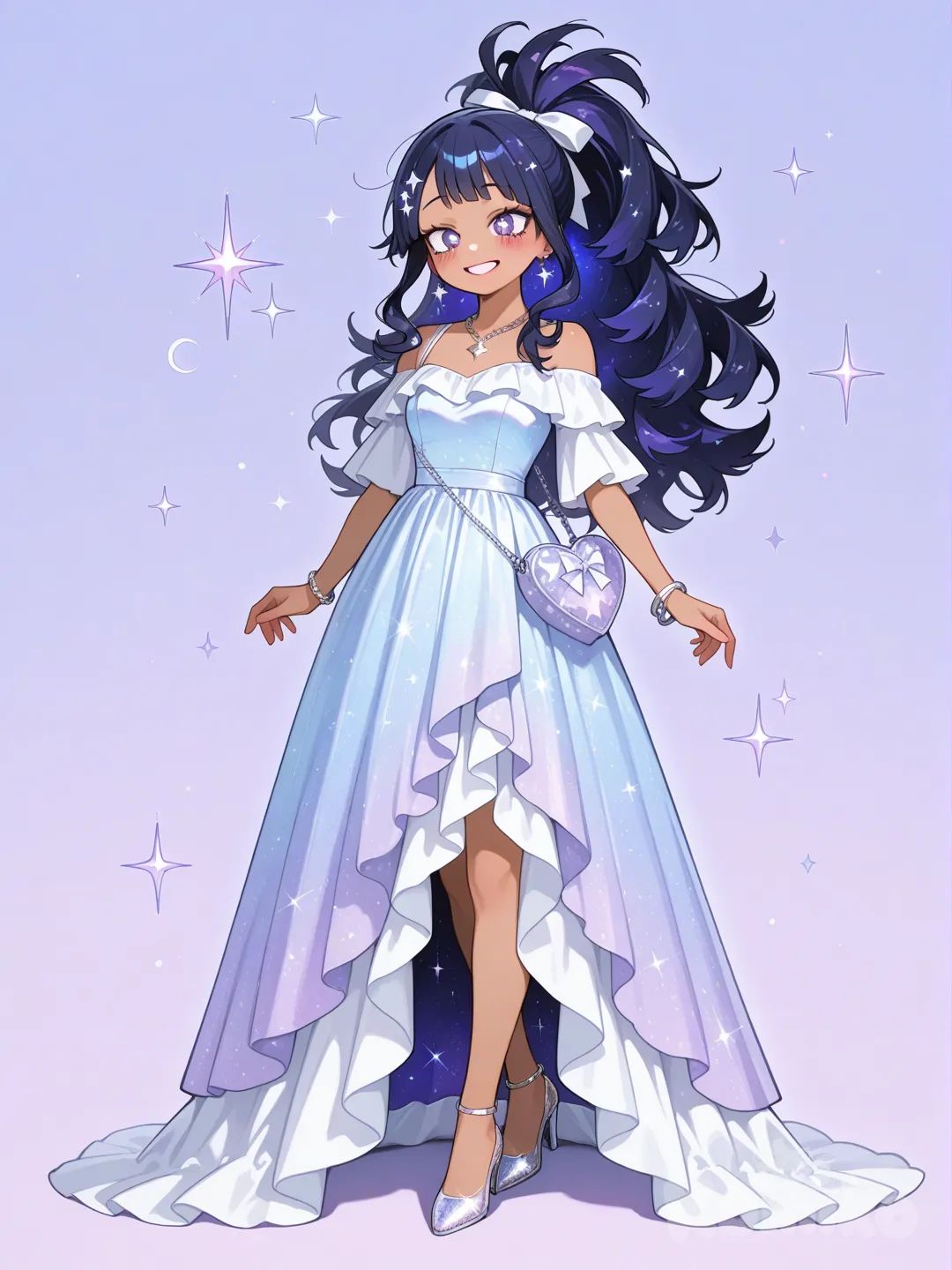 My Hero Academia style, original character in the world of My Hero Academia, teenager,Age 17 years old, slim, short,Kinda curvy,Dark galaxy blue hair,Sparkle hair, Comic hair, Glowing hair,Big puffy hair, curly hair,Messy hair,Messy ponytail,Puffy ponytail , purple eyes, Sparkle eyes, Glowing eyes , tan skin,Puffy fluffy hair ,U.A. Prom,Got it! No bunny theme at all — just a **cute, pretty prom outfit** that fits Hoshi Uchu’s cosmic vibe and her personality. Here’s a clean, cute, galaxy-inspired prom look without any bunny elements:

---

# 🌌💖 **Hoshi Uchu – Cute Prom Outfit (No Bunny)**

## **Dress Style**

### **Silhouette**

* A *Long dress
* Flowy, soft, and lightweight — super cute and easy to dance in
* Slight **A-line shape** to make her look sweet and youthful

---

## **Top**

* **Heart-shaped bodice** that’s sparkly but soft-looking
* Uses shimmering fabric that looks like tiny stars
* Thin, delicate straps or soft off-shoulder sleeves made of chiffon

---

## **Color Palette**

* **Lavender + pastel blue + soft white**
* Gradient effect that feels magical but not too dramatic
* Specks of silver “stardust” glitter across the fabric

---

## **Skirt**

* Fluffy layered tulle skirt
* Layers blend from lavender → blue → white
* Each layer has tiny silver sparkles
* When she moves, the skirt looks like a soft glowing cloud

---

## **Accessories**

### **Jewelry**

* Small **silver star-shaped necklace**
* Matching **star or moon earrings**, small and cute
* A soft, thin silver bracelet

### **Bag**

* A tiny pastel lavender purse with a little star charm

---

## **Shoes**

* Cute **low heels or sparkly flats**

 * Color: silver or pastel lavender
 * Soft glitter effect
* Cute and comfortable — not dramatic

---

## **Hair**

Two options depending on the vibe you want:

### **Option A: Cute + Soft**

* Half-up half-down hairstyle
* Soft curls
* Tiny glittery star clips on one side

### **Option B: Elegant + Sweet**

* A loose ponytail with curled ends
* A small lavender ribbon tied around the hair tie

---

## **Makeup**

* Soft pastel eyeshadow (lavender + light sparkle)
* Pink glossy lips
* Light blush to make her look extra adorable
* Small highlighter on the nose + cheeks for a cute glow

---

## **Overall Vibe**

Sweet • Magical • Cute
A soft galaxy-princess look **without** any animal themes — perfect for a happy, pretty prom night.

---