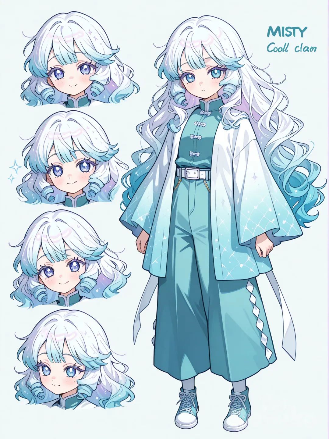 1girl, Demon Slayer style, original character in the world of Demon Slayer, mature,14 years old, Child,minor, slim, short, fair skin

Hair:
Miyuri has soft, wavy, fluffy hair that blends both parents perfectly.
Her color fades from snow-white roots → pastel lilac midsection → pale sky-blue end dark teal highlights.
The hair is silky like Muichiro’s but voluminous and sparkly like Ekuri’s, with little curls at the tips and light, misty shine.
As a baby, it’s shoulder-length and wavy with cute wispy bangs.

Eyes:
Miyuri has Muichiro-style eyes — soft, calm, and almond-shaped.
Her gaze is gentle and dreamy, with a misty, faraway look.
The color is a cool turquoise–blue gradient, just like Muichiro’s, but brighter and slightly sparkly because of Ekuri.
Her lashes are long and soft, making her eyes look serene and peaceful.

Face:
Miyuri has a perfect mix of both parents’ faces.
She has soft round cheeks like Muichiro and light pastel freckles like Ekuri.
Her features are delicate and gentle, with a small mouth and a calm baby expression.
Her overall face gives a sweet, serene, angelic look.

Uniform:
Oversized haori-style jacket

Very loose, flowy sleeves

Cool-toned colors (white, turquoise, mint)

Simpler, quieter style

Minimal accessories

A little mist-looking design at the bottom

Colder, softer aesthetic

Miyuri wears loose, comfy oversized pants with a soft flare at the bottom.
They’re in mint-blue Muichiro colors, lightweight, and easy to move in, matching her love for cozy, oversized clothing.

Colors:
Mint Blue: her main color (from Muichiro)

Soft White: secondary color for trim/details

Pastel Lilac: small accents inspired by Ekuri

Pale Sky-Blue: blended into accessories or hair clips


Her whole palette is cool, soft, pastel, and misty, matching both parents perfectly.

_______________________________
Character sheet, expressions, etc , expressionless, smile
