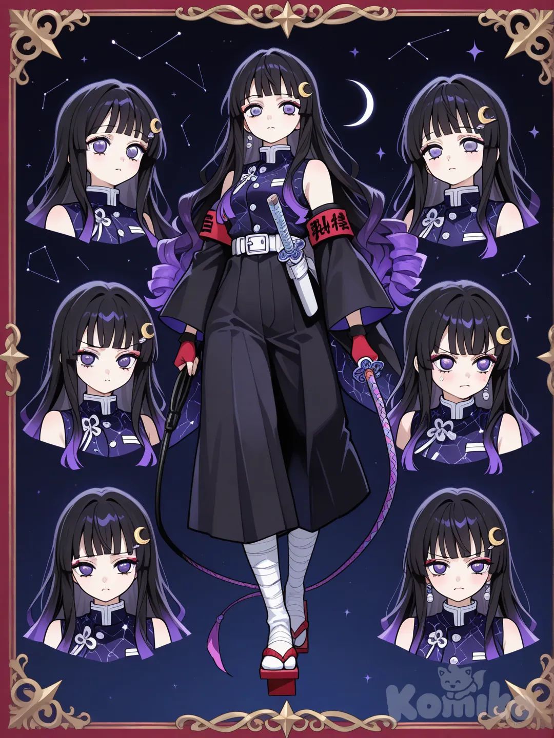1girl, Demon Slayer style, original character in the world of Demon Slayer, teenager,age 16 years old, slim, short, fair skin.

Hairstyles:
Length: Long, reaching around mid-back

Texture: Big, voluminous fluffy curls that aren’t too tight — soft, bouncy, dramatic

Front: Blunt straight-across bangs that sit just above her eyes

Sides: Some curls frame her cheeks naturally

Movement: When she fights, the curls ripple and bounce, giving her a very lively battle silhouette

Hair color:
Base Color:

Obsidian black, deep and glossy, perfect for dramatic fluffy curls.

Mid-Layer / Hidden Streaks:

Cosmic purple streaks hidden inside the curls.

They’re not super thick — more like swirling ribbons that catch the light when she moves.

The purple has a soft silver shimmer, like starlight.

Bangs + Curl Tips:

Her bangs fade from black into shadow lilac, a light cool purple.

The tips of her curls also fade into lilac, tying the whole look together.

The lilac gives her hair a soft, magical vibe while the black keeps it fierce.

Eye shape:
Her eyes are a teardrop–crescent blend:

Wider at the top and gently narrowing toward the bottom (teardrop).

The upper lid curves softly like a crescent moon, giving her a calm, mystical look.

The shape makes her gaze appear gentle but focused, with a quiet strength.

Eye color:
Final Eye Color

Pale Lilac — soft, light purple that almost looks translucent.

How it looks on her:

The color catches light gently, giving her eyes a calm, ethereal glow.

With her crescent–teardrop eye shape, the pale lilac makes her gaze look mystical, dreamy, and a little otherworldly.

It blends beautifully with her purple–black–lilac hair palette.

Face:
Face Shape Summary

She has a soft heart-oval face with gentle roundness.

Soft cheeks with a little definition

Smooth oval outline

Slightly narrower, delicate heart-shaped chin

Overall look: gentle, pretty, and elegant

Face accessories:
Red Under-Eye Makeup Design

She wears a soft, thin red line along her lower eyelid, following her teardrop-crescent eye shape.

The red is not harsh — more like a gentle, cute pop of color.

It makes her pale lilac eyes stand out even more.

At the outer corners, the red tapers into a tiny soft wing, giving her a sweet but intense look.

With her cosmic accessories, the red adds a warm touch to balance all the cool lilac and silver tones.

Hair accessories:Hair Accessories Summary

Silver crescent-moon clip on the side of her bangs

Opal beads scattered through a few curls, shining like tiny stars

Constellation-shaped pin tucked into her hair

Small silver hair rings placed in some curls or a thin braid

Her hair has a soft, celestial night-sky vibe.

Uniform:
Sleeveless dark-purple top with black panels

Silver shooting-star lines down the sides

Detached black sleeves with faint star patterns

Lilac arm wraps between the top and sleeves

Tapered slayer pants with lilac side stripes

Traditional black geta with lilac straps

Dark gray belt with a small crescent buckle

Overall vibe: sleek, cosmic, and agile with a traditional touch.

Haori style:
Haori Summary

Split design:

Left side: black

Right side: deep purple fading to lilac

Left side details:

Lilac constellation-like lace patterns

Soft purple + silver nebula swirls

Tiny star clusters

Right side details:

Gradient from deep purple to pale lilac

Falling-star patterns

Light nebula swirls

Sleeves:

Wide and flowing

One black with constellations

One purple with falling stars

Back:

Large silver crescent moon made of constellation lines

Soft nebula glow around it

Overall: A cosmic, elegant haori that looks like a piece of the night sky.

Uniform accessories:
Uniform Accessories — Summary

Your character’s uniform is decorated with a balanced mix of elegant and practical accessories:

Red rope ties wrapped neatly around her detached sleeves and waist, adding a warrior vibe.

Small silver moon charms dangling subtly from the rope or sewn onto the uniform edges.

A sleek utility belt for carrying small items, lightweight and fitted so it doesn’t distract from the outfit’s flow.

Fingerless gloves for grip but still stylish, matching the red accents.

Decorative arm bands on each upper arm, black with thin red or white borders.

A tiny hidden pouch on the hip for small personal items.

Weapon:
Segmented Moon Whip-Sword (Summary)

A Nichirin sword that can switch between a solid blade and a flexible segmented whip.

When solid: looks like a slim, elegant sword with star engravings.

When released: breaks into connected metal segments that move like a whip.

Attacks are graceful, wide, and flowing, almost like a dance.

Handle wrapped in red rope with a tiny moon charm at the end.

Perfect for someone with a flexible, fluid fighting style.

__________________________________ 
Character sheet,weapons, accessories, expressions,back, front,and sides