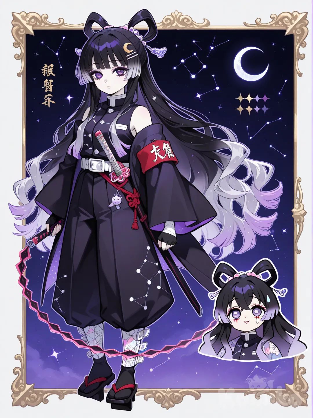 1girl, Demon Slayer style, original character in the world of Demon Slayer, teenager,age 16 years old, slim, short, fair skin.

Hairstyles:
Length: Long, reaching around mid-back

Texture: Big, voluminous fluffy curls that aren’t too tight — soft, bouncy, dramatic

Front: Blunt straight-across bangs that sit just above her eyes

Sides: Some curls frame her cheeks naturally

Movement: When she fights, the curls ripple and bounce, giving her a very lively battle silhouette

Hair color:
Base Color:

Obsidian black, deep and glossy, perfect for dramatic fluffy curls.

Mid-Layer / Hidden Streaks:

Cosmic purple streaks hidden inside the curls.

They’re not super thick — more like swirling ribbons that catch the light when she moves.

The purple has a soft silver shimmer, like starlight.

Bangs + Curl Tips:

Her bangs fade from black into shadow lilac, a light cool purple.

The tips of her curls also fade into lilac, tying the whole look together.

The lilac gives her hair a soft, magical vibe while the black keeps it fierce.

Eye shape:
Her eyes are a teardrop–crescent blend:

Wider at the top and gently narrowing toward the bottom (teardrop).

The upper lid curves softly like a crescent moon, giving her a calm, mystical look.

The shape makes her gaze appear gentle but focused, with a quiet strength.

Eye color:
Final Eye Color

Pale Lilac — soft, light purple that almost looks translucent.

How it looks on her:

The color catches light gently, giving her eyes a calm, ethereal glow.

With her crescent–teardrop eye shape, the pale lilac makes her gaze look mystical, dreamy, and a little otherworldly.

It blends beautifully with her purple–black–lilac hair palette.

Face:
Face Shape Summary

She has a soft heart-oval face with gentle roundness.

Soft cheeks with a little definition

Smooth oval outline

Slightly narrower, delicate heart-shaped chin

Overall look: gentle, pretty, and elegant

Face accessories:
Red Under-Eye Makeup Design

She wears a soft, thin red line along her lower eyelid, following her teardrop-crescent eye shape.

The red is not harsh — more like a gentle, cute pop of color.

It makes her pale lilac eyes stand out even more.

At the outer corners, the red tapers into a tiny soft wing, giving her a sweet but intense look.

With her cosmic accessories, the red adds a warm touch to balance all the cool lilac and silver tones.

Hair accessories:Hair Accessories Summary

Silver crescent-moon clip on the side of her bangs

Opal beads scattered through a few curls, shining like tiny stars

Constellation-shaped pin tucked into her hair

Small silver hair rings placed in some curls or a thin braid

Her hair has a soft, celestial night-sky vibe.

Uniform:
Sleeveless dark-purple top with black panels

Silver shooting-star lines down the sides

Detached black sleeves with faint star patterns

Lilac arm wraps between the top and sleeves

Tapered slayer pants with lilac side stripes

Traditional black geta with lilac straps

Dark gray belt with a small crescent buckle

Overall vibe: sleek, cosmic, and agile with a traditional touch.

Haori style:
Haori Summary

Split design:

Left side: black

Right side: deep purple fading to lilac

Left side details:

Lilac constellation-like lace patterns

Soft purple + silver nebula swirls

Tiny star clusters

Right side details:

Gradient from deep purple to pale lilac

Falling-star patterns

Light nebula swirls

Sleeves:

Wide and flowing

One black with constellations

One purple with falling stars

Back:

Large silver crescent moon made of constellation lines

Soft nebula glow around it

Overall: A cosmic, elegant haori that looks like a piece of the night sky.

Uniform accessories:
Uniform Accessories — Summary

Your character’s uniform is decorated with a balanced mix of elegant and practical accessories:

Red rope ties wrapped neatly around her detached sleeves and waist, adding a warrior vibe.

Small silver moon charms dangling subtly from the rope or sewn onto the uniform edges.

A sleek utility belt for carrying small items, lightweight and fitted so it doesn’t distract from the outfit’s flow.

Fingerless gloves for grip but still stylish, matching the red accents.

Decorative arm bands on each upper arm, black with thin red or white borders.

A tiny hidden pouch on the hip for small personal items.

Weapon:
Segmented Moon Whip-Sword (Summary)

A Nichirin sword that can switch between a solid blade and a flexible segmented whip.

When solid: looks like a slim, elegant sword with star engravings.

When released: breaks into connected metal segments that move like a whip.

Attacks are graceful, wide, and flowing, almost like a dance.

Handle wrapped in red rope with a tiny moon charm at the end.

Perfect for someone with a flexible, fluid fighting style.

__________________________________ 
Character sheet,weapons, accessories, expressions,back, front,and sides