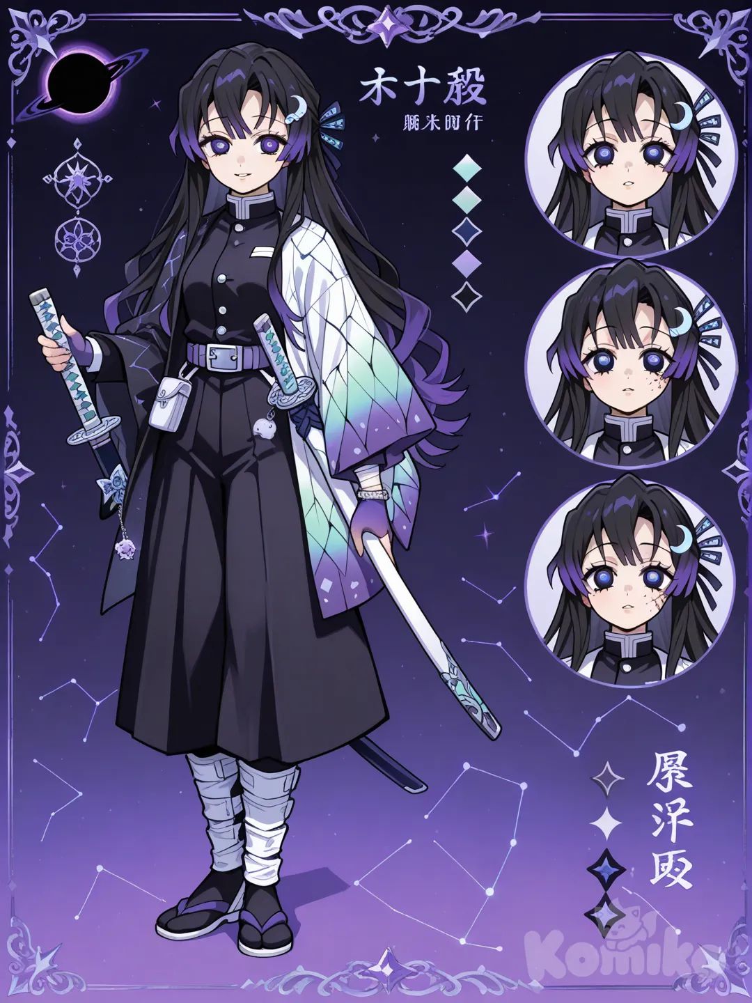 1girl, Demon Slayer style, original character in the world of Demon Slayer, young adult,age 20 years old, slim, short, fair skin

Hair:
Length: Long, flowing to her mid-back

Texture: Silky straight with light, airy layers

Color: Deep black that fades into violet and navy at the ends

Hidden Colors: Soft teal and purple streaks under the top layer

Eyes:
Color: Deep violet

Outer ring: Black ring representing a black hole’s edge

Inner shine: Soft blue glow

Shape: Calm, almond-shaped

Extra: When she focuses, her eyes look like they’re pulling light inward

Face:
Face shape: Rounder and gentle

Cheeks: Slight natural softness

Nose: Button-like but elegant

Lips: Soft shape, naturally calm smile

Vibe: Quiet but warm, approachable

Face shape: Soft diamond

Jawline: Narrow and smooth

Nose: Small and sharp

Lips: Thin, neutral expression

Vibe: Quiet, observant, powerful without trying

Uniform:
Base: Standard Demon Slayer uniform

Color: Black with faint navy + violet stitching

Sleeves: Slight gradient from black → deep purple

Accents: Silver buttons shaped like tiny circles (event horizon symbol)

Extra: The collar has a subtle starlight shimmer

Base: Slim, tailored uniform

Collar: Slightly higher with thin silver piping

Sleeves: Tapered, with purple crescent designs

Buttons: Small white star-shaped buttons

Extra: Light, subtle constellation pattern on the uniform’s back

Haori:
Color: Pure black on the outside

Inside lining: Deep purple galaxy with faint stars

Back design: A simple white spiral (black hole symbol)

Edges: Thin silver trim that glows faintly in moonlight

Vibe: Elegant, clean, intimidating

One sleeve super long the other is folded up

ACCESSORIES:

A small side braid with a hollow-circle charm

Hidden silver star clips

A thin moon-shaped hair ring on one strand

A dark blue silk ribbon tied into part of her hair

Neck & Collar

A black choker with a silver ring

A thin star-pendant necklace

Arms & Hands

Black fingerless gloves with purple seams

A silver ripple-pattern wristband

Light arm wrappings for grip and style

Waist & Belt

A wide deep-purple belt

Small star talisman on her hip

A pouch with tiny constellation embroidery

Footwear

Dark navy ankle straps

Small hidden silver charm inside one boot

Weapon Aesthetic

A spiral-engraved sheath

A crescent-moon charm hanging from it

Indigo handle wrap with silver-thread details

A small galaxy-colored braided cord at the pommel

Personal Items

Her small astronomy notebook

A tiny pocket star-map charm

A smooth obsidian bead she keeps for comfort

_____________________________ character sheet, expressions,back,front,sides,weapons, etc