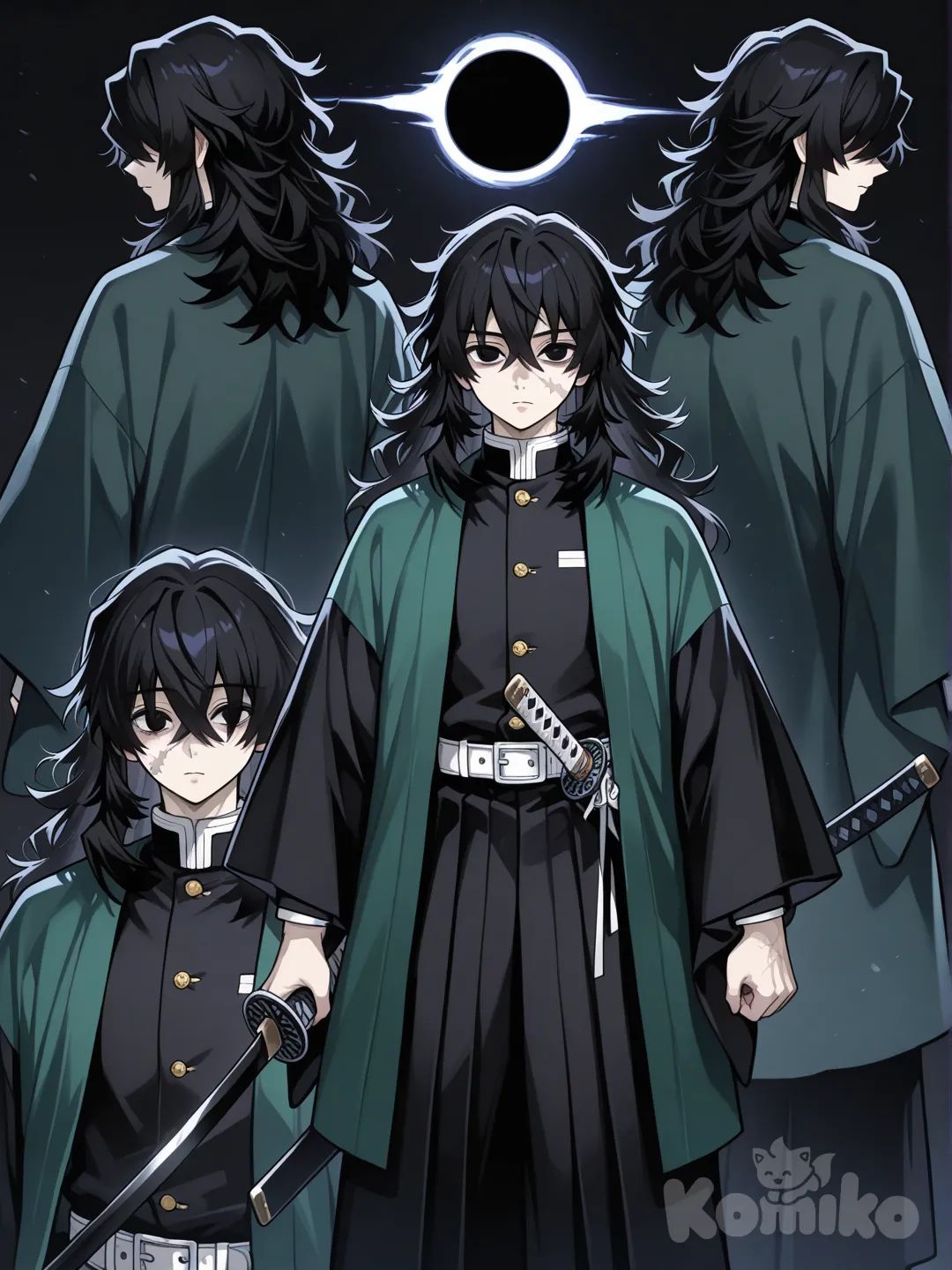 1boy, Demon Slayer style, original character in the world of Demon Slayer, teenager,young adult,age 19 years old, slim, muscular, tall, fair skin.

Hairstyles:

Soft, Heavy Layers

Thick hair that naturally falls forward.

Layers that look weighted and slow-moving.

Long bangs nearly covering the eyes.Fluffy, Gravity-Defying Top

Sides trimmed short.

Top is airy and lifts slightly.

Gives an unstable, shifting look.Smooth Waves

Long waves that fall in slow, heavy curves.

No sudden spikes or curls — steady flow.

Gives a calm, silent presence.

Haircolor:

Pure Void Black

Deep matte black that absorbs light.

Best for a quiet or intimidating boy OC.

Black With Smoky Gray Tips

Very dark roots that fade subtly.

Makes the hair look “pulled” toward the ends.

Dark Charcoal

Not fully black — a soft, stormy gray.

Great for a calm, analytical type.

Eyes:

Deep-Set Eyes

Set slightly farther back

Eyebrows more prominent

Creates a “gravity pulled inward” vibe

 Soft, Droopy Eyes

Gentle downward shape

Gives a melancholic, fragile-looking boy

Good for a sensitive or quiet OC

Wide, Emotionless Eyes

Rounder shape

Very still pupils

He looks like he’s always observing everything

Shadowed Eyes

Upper lids cast a natural shadow

Makes his stare look deeper and heavier

Perfect for a calm, dark presence

Eye color:

Black Hole Black

Almost pure black

Iris blends slightly with pupil

Gives a silent, unreadable stare

Dark Charcoal Gray

Deep gray with almost no shine

Cold and emotionless

Face:

Sharp, Angular Face

Defined jawline

High cheekbones

Gives him a cold, intense presence

Straight, Narrow Nose

Clean lines

Makes him look serious or distant

Slight Frown Shape

Looks like he’s always thinking

Fits serious OCs

Heavy Lower Eyelids

Makes his gaze look tired or cold

Strong Event Horizon vibe

High, Straight Eyebrows

Gives him a focused, calm expression

Soft, Low Eyebrows

Sad, gentle, or quiet look

Slightly Arched Brows

Adds sharpness

Good for intimidating boys

Small Scar (Optional)

At the cheek, eyebrow, or jaw

Suggests experience without being graphic

Uniform:

Demon slayer uniform 

Belt With Two Small Metal Rings

Representing the inner and outer event horizon

Fabric That Gets Darker Near the Edges

Symbolizes light bending at the boundary of a black hole

Gravity-Folded Cloak Style

Standard Demon Slayer uniform under a long outer cloak

Cloak edges curve downward like they’re being pulled by gravity

Fabric hangs heavy and slow

Subtle pleats that look “warped”

Haori:

HAORI DESIGN IDEAS
 Event Horizon Gradient

Gradual dark-to-light fade from bottom to top

Mimics light bending near a black hole

Long, loose sleeves with heavy folds

Cosmic Swirl Pattern

Subtle, swirling lines across the fabric

Looks like warped spacetime

Sleeves slightly flared for dramatic movement

Minimalist Void

Almost solid dark fabric

Only small geometric or circular patterns at the edges

Gives a sleek, mysterious presence

Weapon:

Gravity Blade

Standard katana with slightly curved edge

Hilt wrapped tightly, guard circular like an event horizon

Weight slightly heavier at the tip for “pulling” strikes

Haori:

Layered Darkness

Two overlapping layers of fabric: inner matte, outer slightly glossy

Creates depth, like overlapping gravitational fields

Fractured Space Pattern

Thin lines like cracks or fissures running subtly

Could match a fragmented iris or scar theme

Adds a cosmic, eerie feel
_____________________________
Character sheet:Sides,Front,back, expressions, weapons, etc