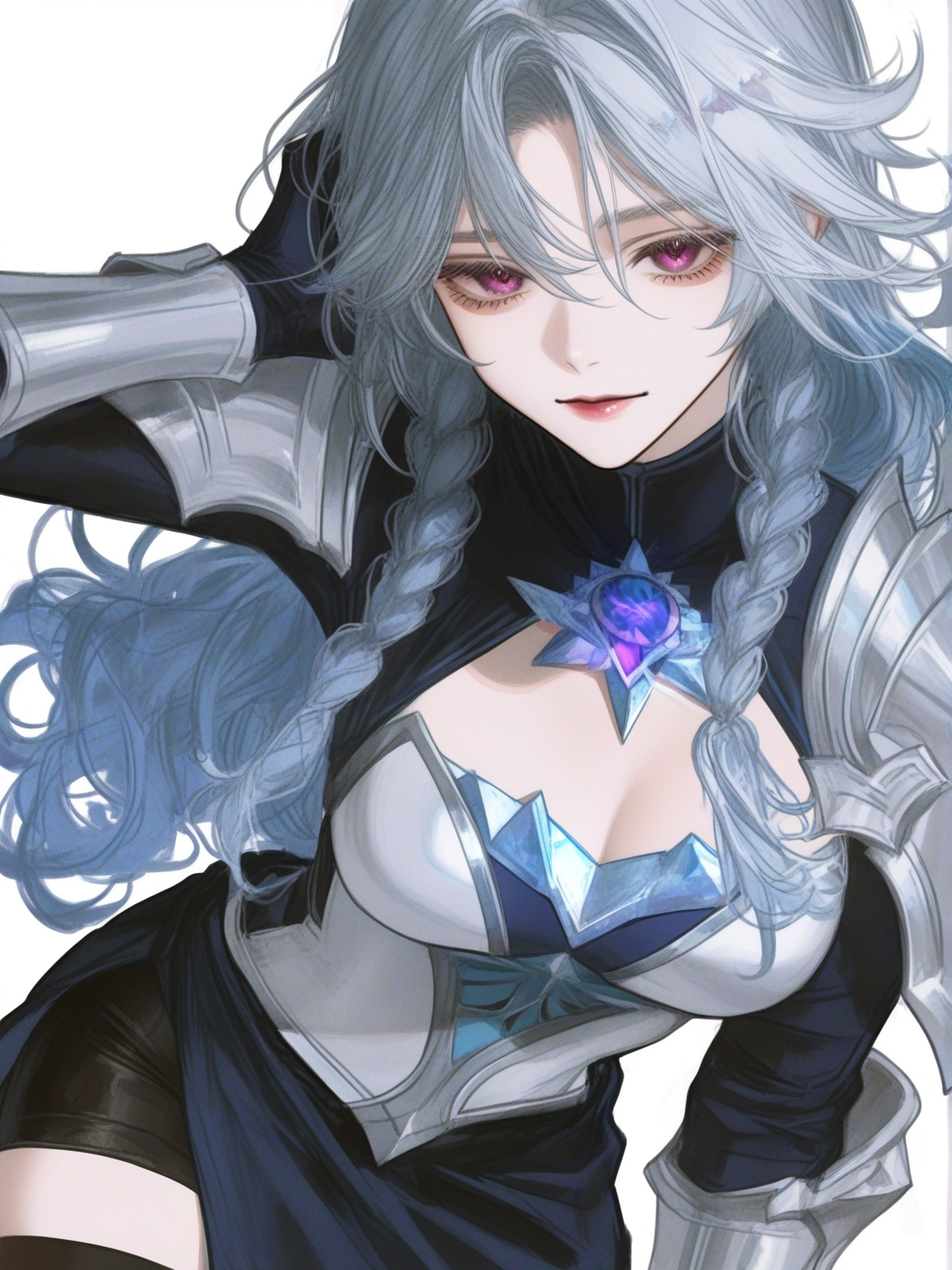 [semi-realistic-portrait-style] 1girl, genshin impact, white hair, blue hair, medium_long hair, wavy hair, bangs, purple eyes, mage outfit, ice skate outfit, half_skirt, thighhighs, knight outfit, gem accessory, fusion outfit, cryo vision, hand behind hair, cool pose, single character, upper body, looking at viewer, anime style, simple background, white background