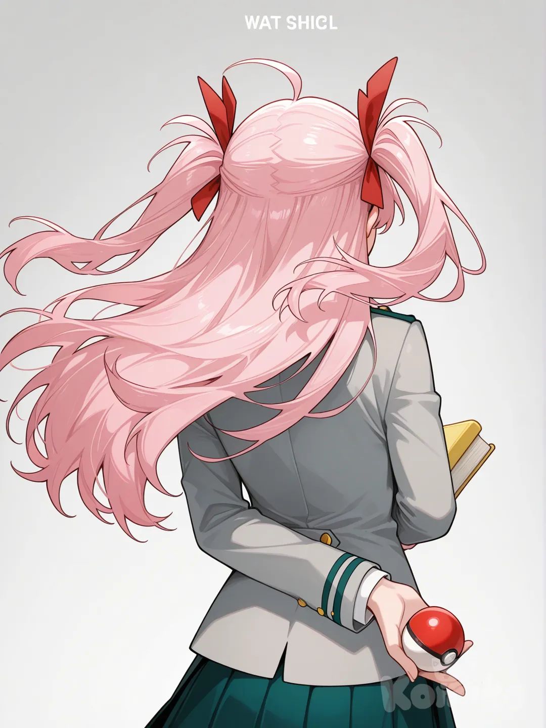 Wattpad book cover featuring a grey UA school Uniform from My hero academia, female, peach hair, showing one arm holding a pokeball from Pokemon, no face, showing back, hand behind back, hair design almost looks like Zero-two