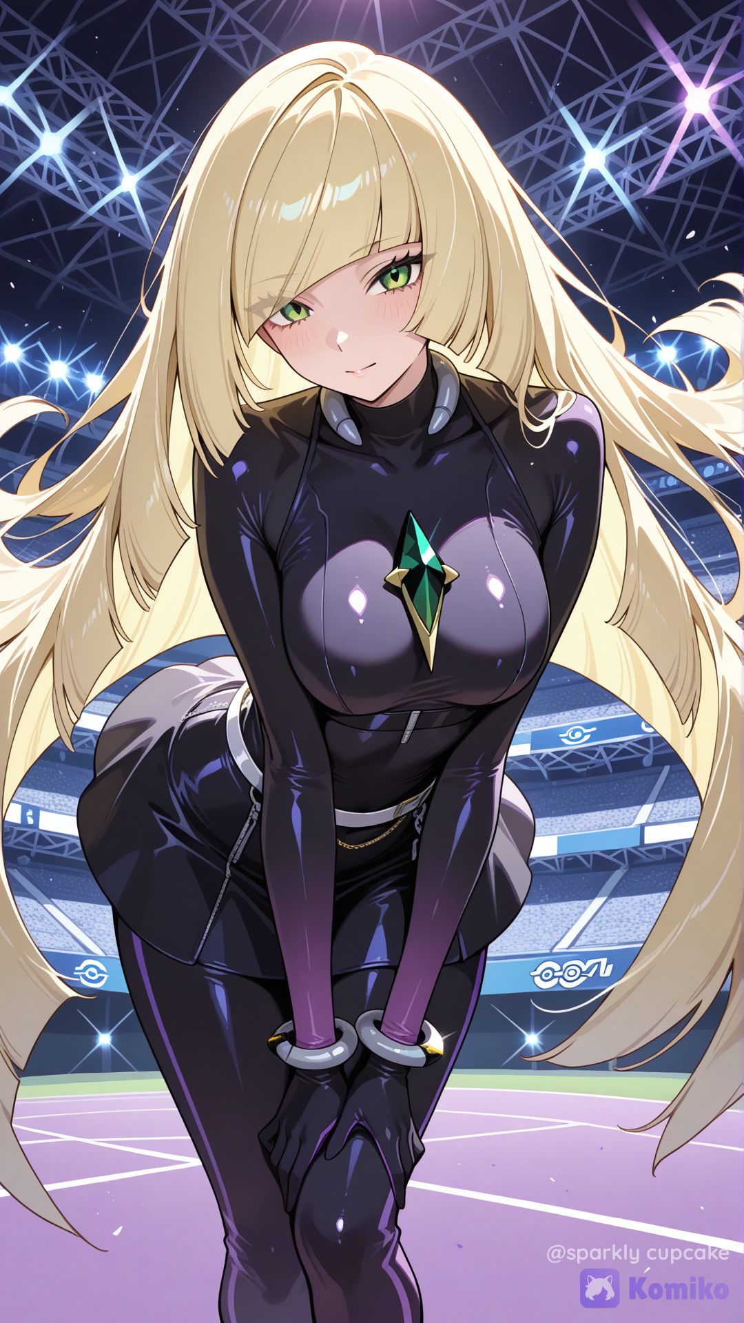 Lusamine in a black and purple outfit