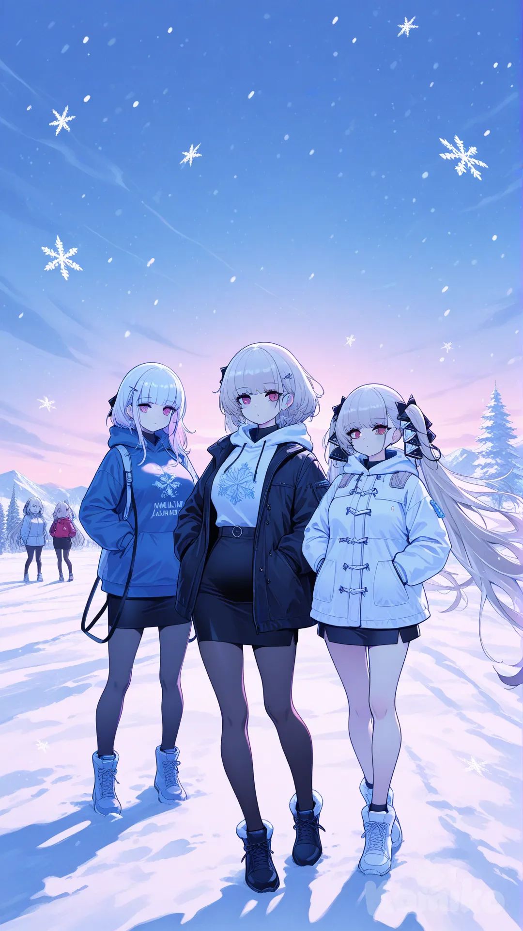 @Dido_(Azur_Lane), @Formidable_(Azur_Lane), @Sirius_(Azur_Lane), hoodie, pencil skirt, hairpin, snowy, soft shadow, high contrast, vibrant color, hatching (texture)
