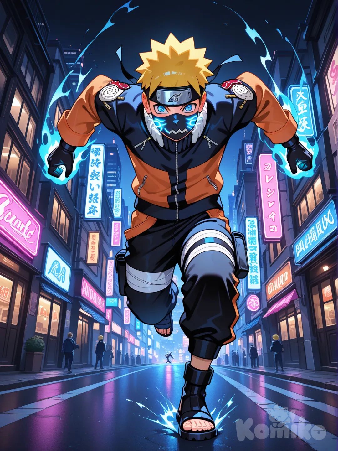 sleeves tucked into full fingered gloves, baggy black sweat pants, full faced LED glowing fox mask, cityscape, nightlife, running full speed, eerie glow, facing viewer, uzumaki naruto