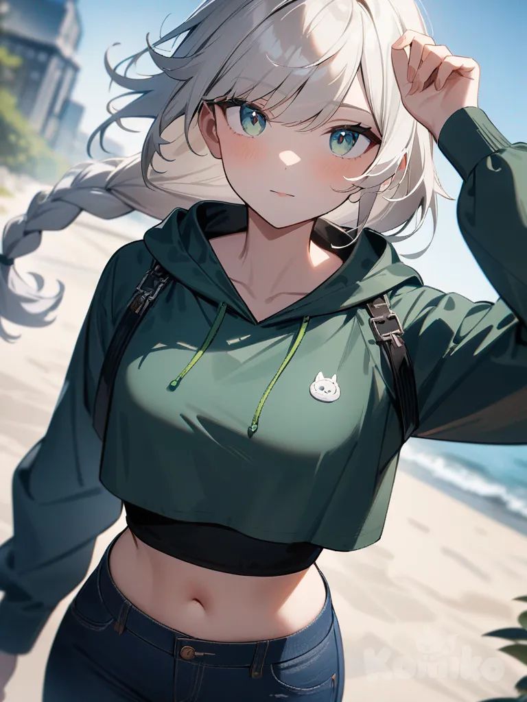 one girl, my hero Acadamia style, long braided white hair with a blonde tint, black baggy jeans and a cropped hoodie, and a midnight blue eye and a light green eye