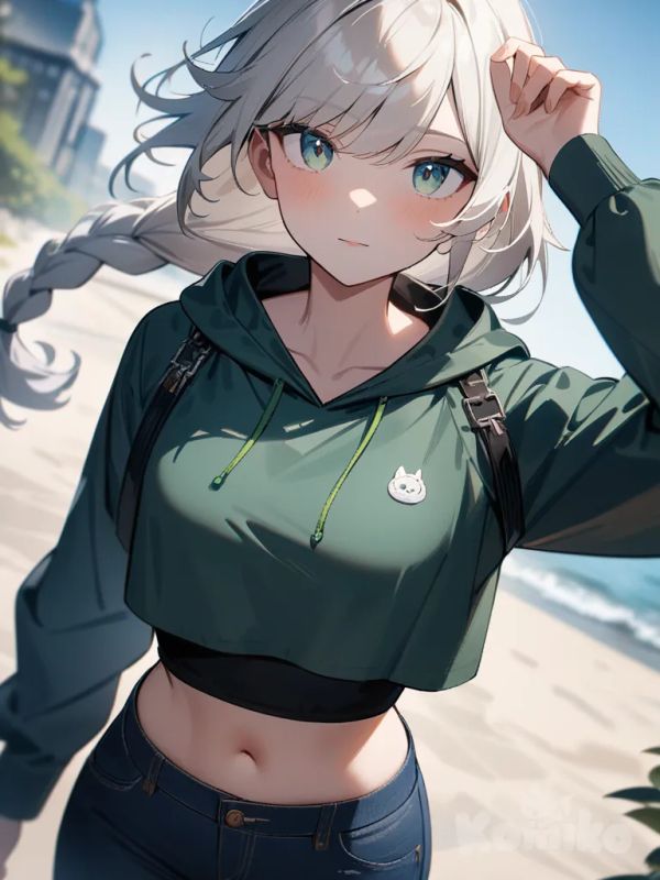 one girl, my hero Acadamia style, long braided white hair with a blonde tint, black baggy jeans and a cropped hoodie, and a midnight blue eye and a light green eye
