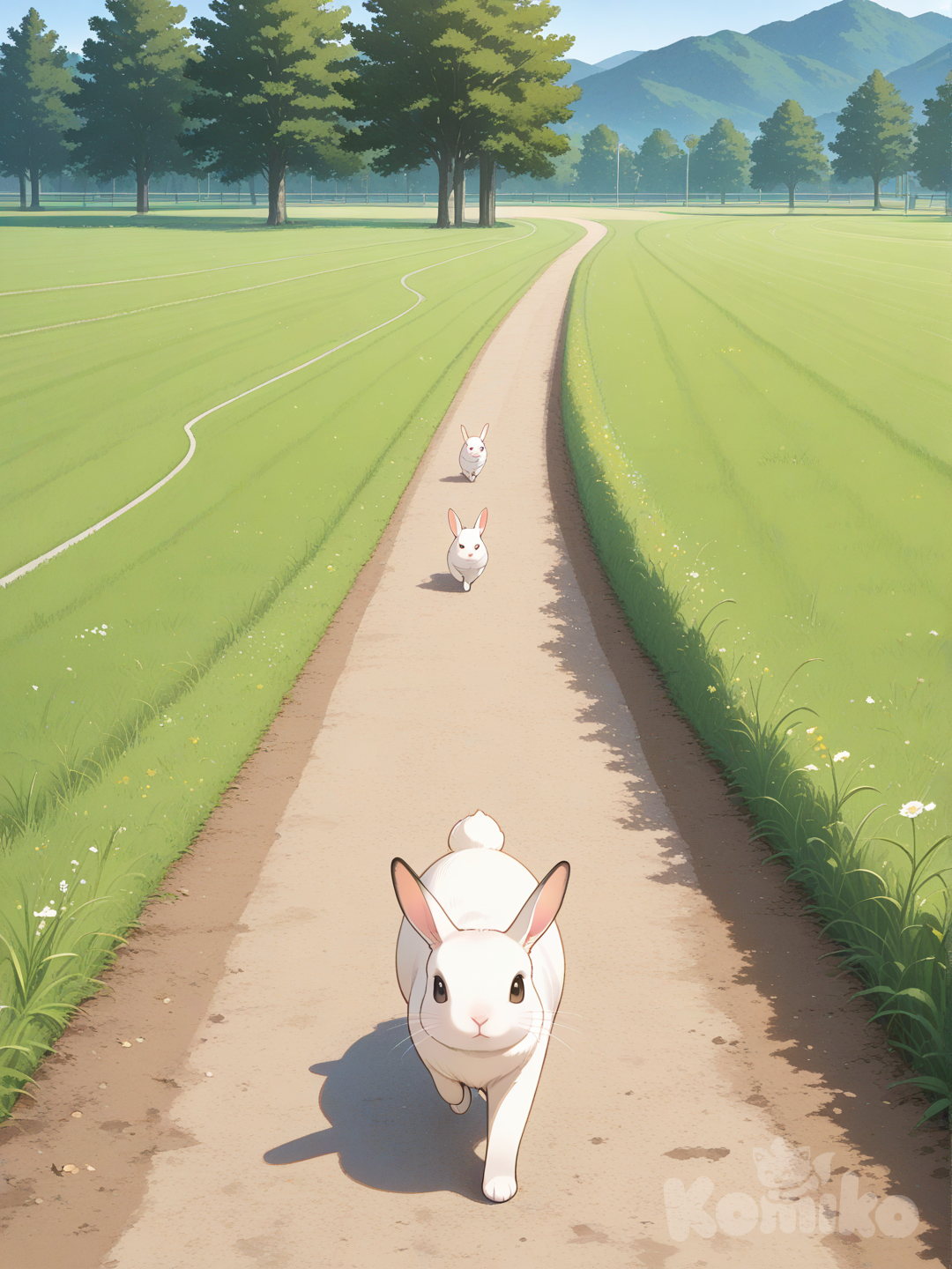 animal, rabbit, They're having a race., park, grassland