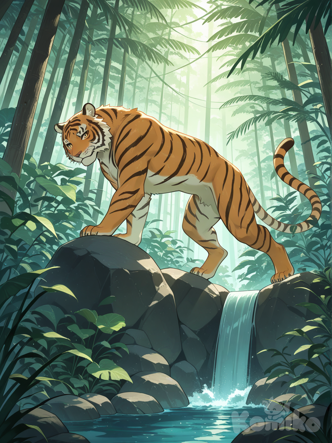 animal, tiger , waterfall, Tropical rainforest