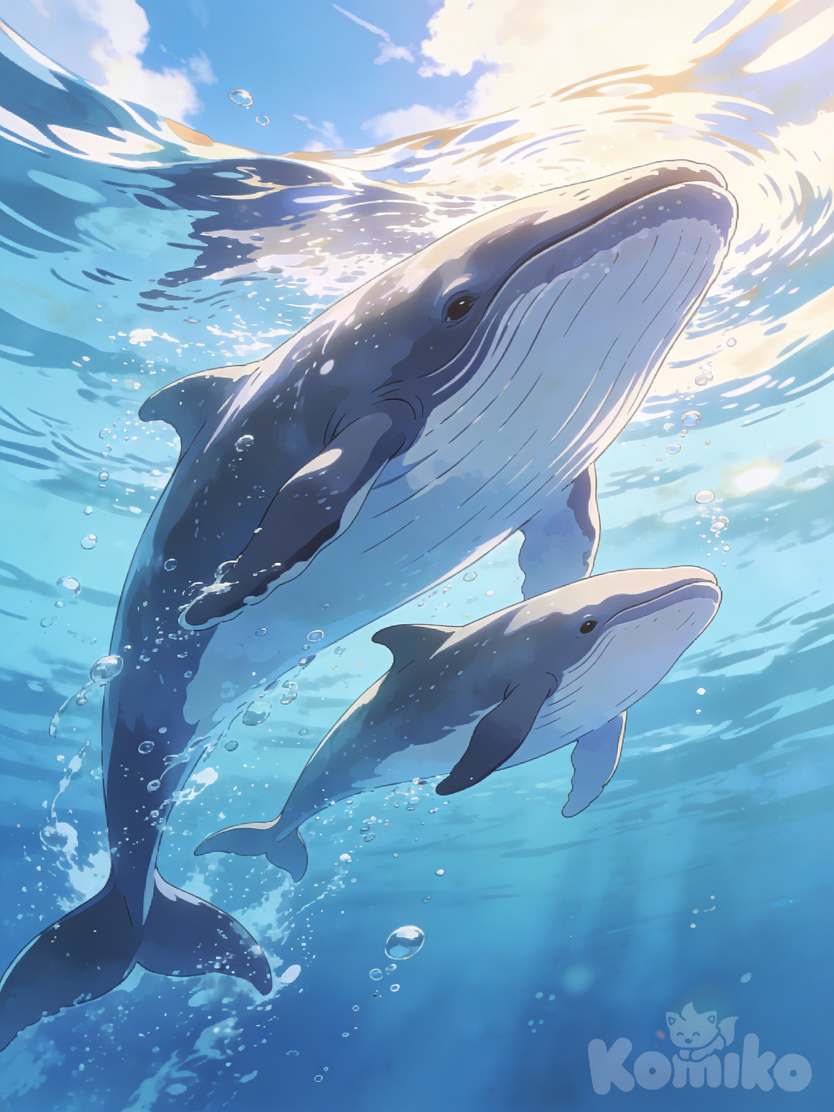 Whales, mother and calf, swimming, ocean., from below, day