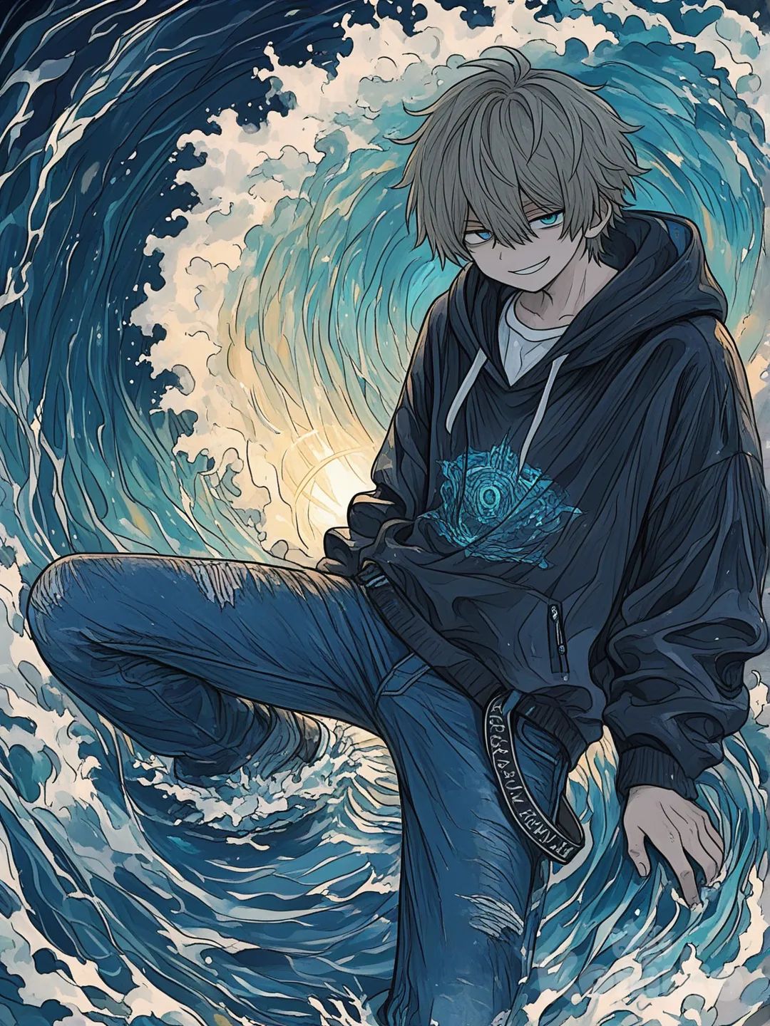 Um garoto adolescente lindo,ele baixo e pouco magro, com cabelo curto azul ciano e olhos azuis lindos, casaco moletom preto e blusa branca e calsa jeans , sorriso confiante, ele tem aura como o oceano furioso e intenso, com ondas no fundo , ele tem cinto com um livro de runas e caneta, [sweet-painting-style]
