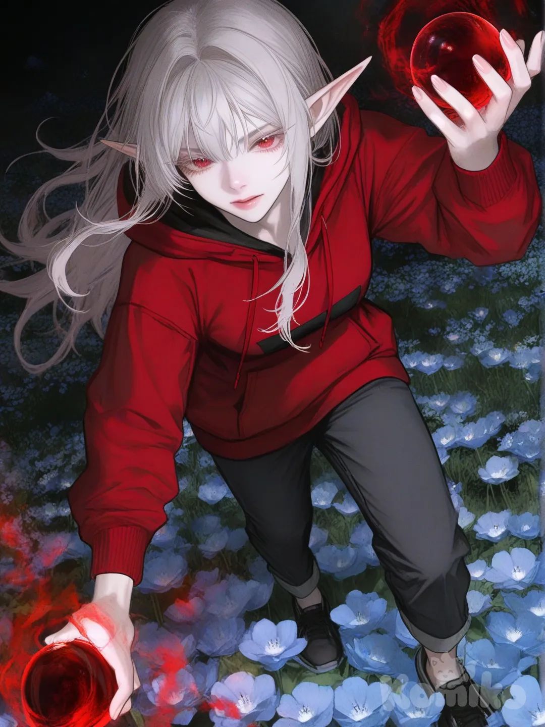 uma elfa feminina linda pele branca olhos vermelho como sangue ,cabelo detalhado cinza e branco, com cílios lindos, moletom feminino com capuz vermelho e calsa cinza e preto , estilo anime meio realista , ela tá de corpo inteira, pisando num campo de flores azul aura de sangue furioso em volta, poderosa erguendo um bola de sangue na mão ee tentáculos de sangue em volta , [semi-realistic-portrait-style]