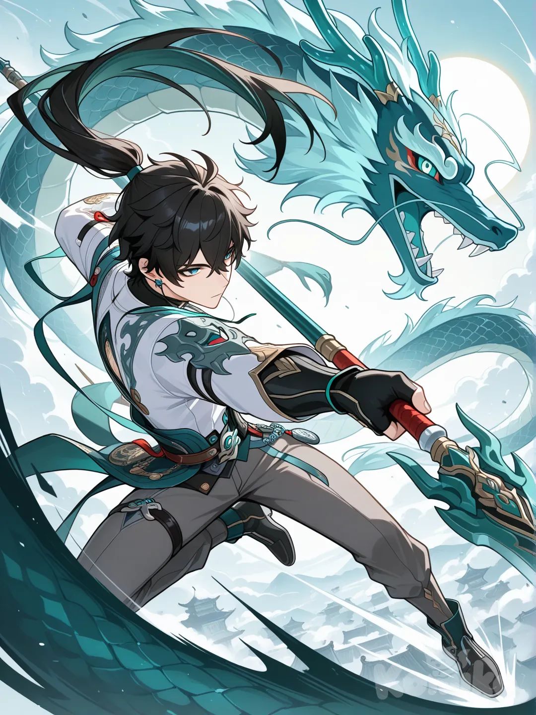 @Dan_Heng_(Honkai:Star_Rail) fighting a Chinese style dragon with a spear