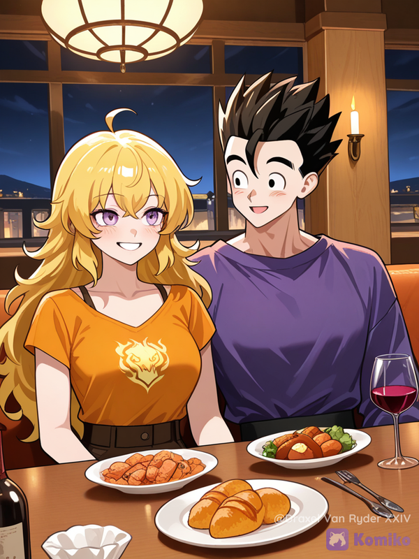 Gohan y Yang Xiao Long, cenando en un restaurante