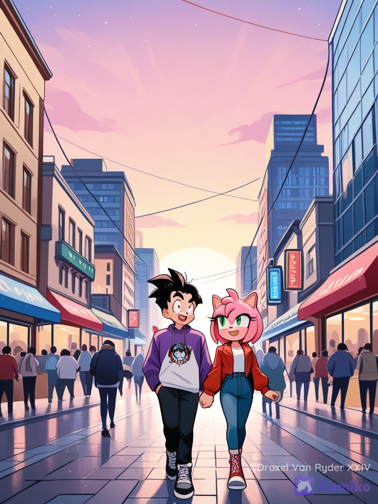 Gohan y Amy Rose paseando por la ciudad