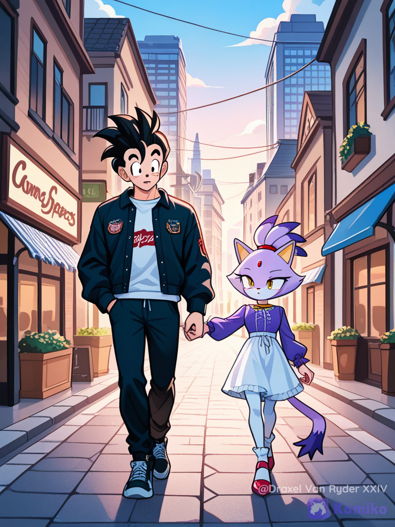 Gohan y Blaze The Cat paseando por la ciudad