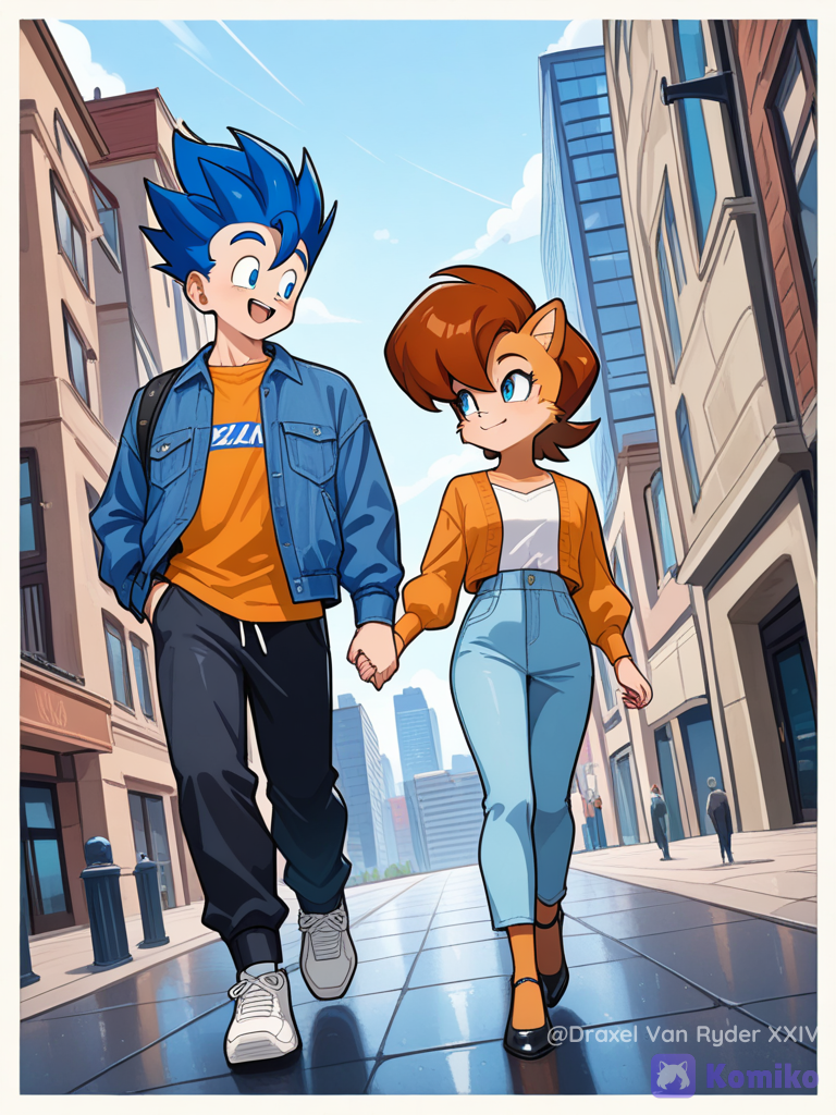 Gohan y Sally Acorn paseando por la ciudad