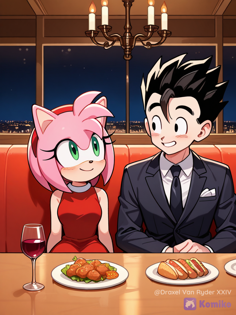 Gohan y Amy Rose, cenando en un restaurante